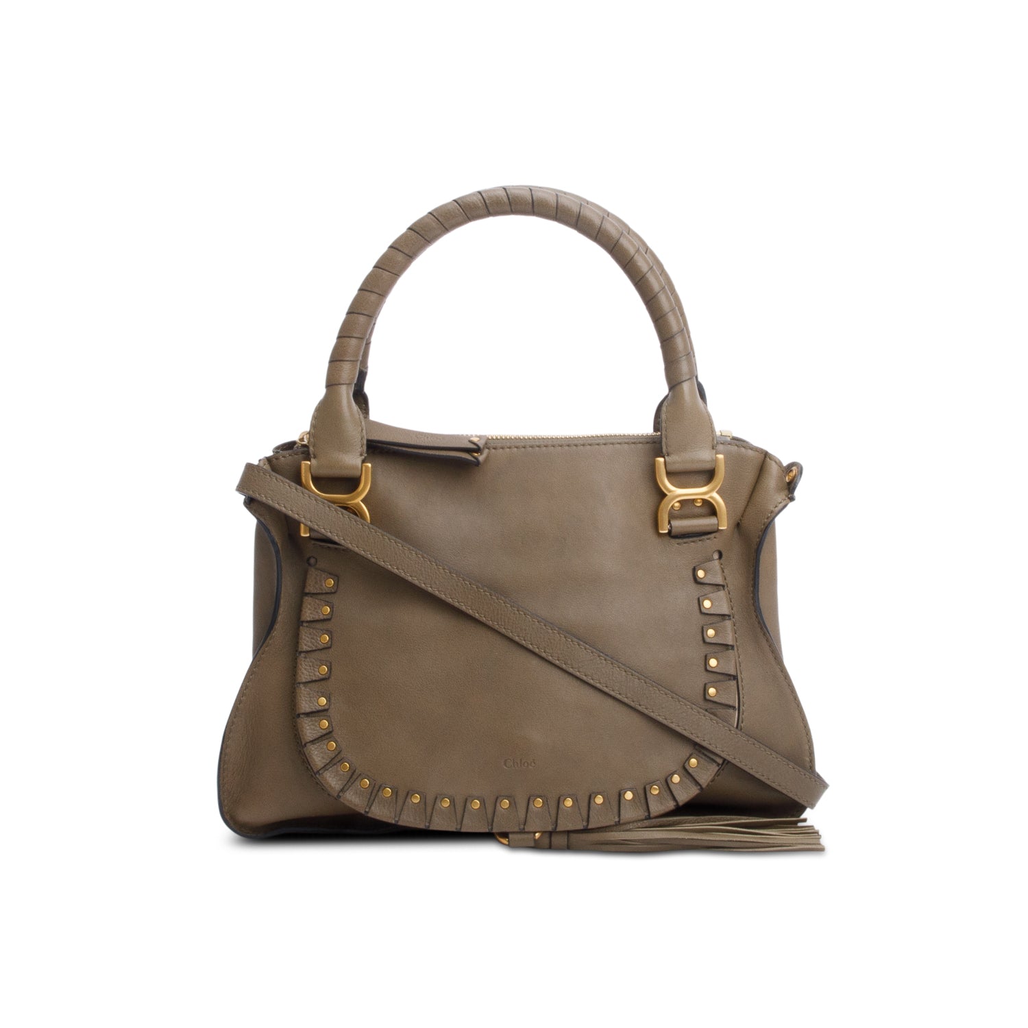 Chloe Khaki Studded Medium Marcie Satchel w/ Strap & Authenticity Card