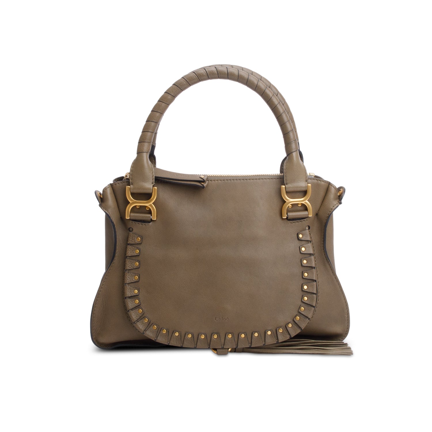 Chloe Khaki Studded Medium Marcie Satchel w/ Strap & Authenticity Card
