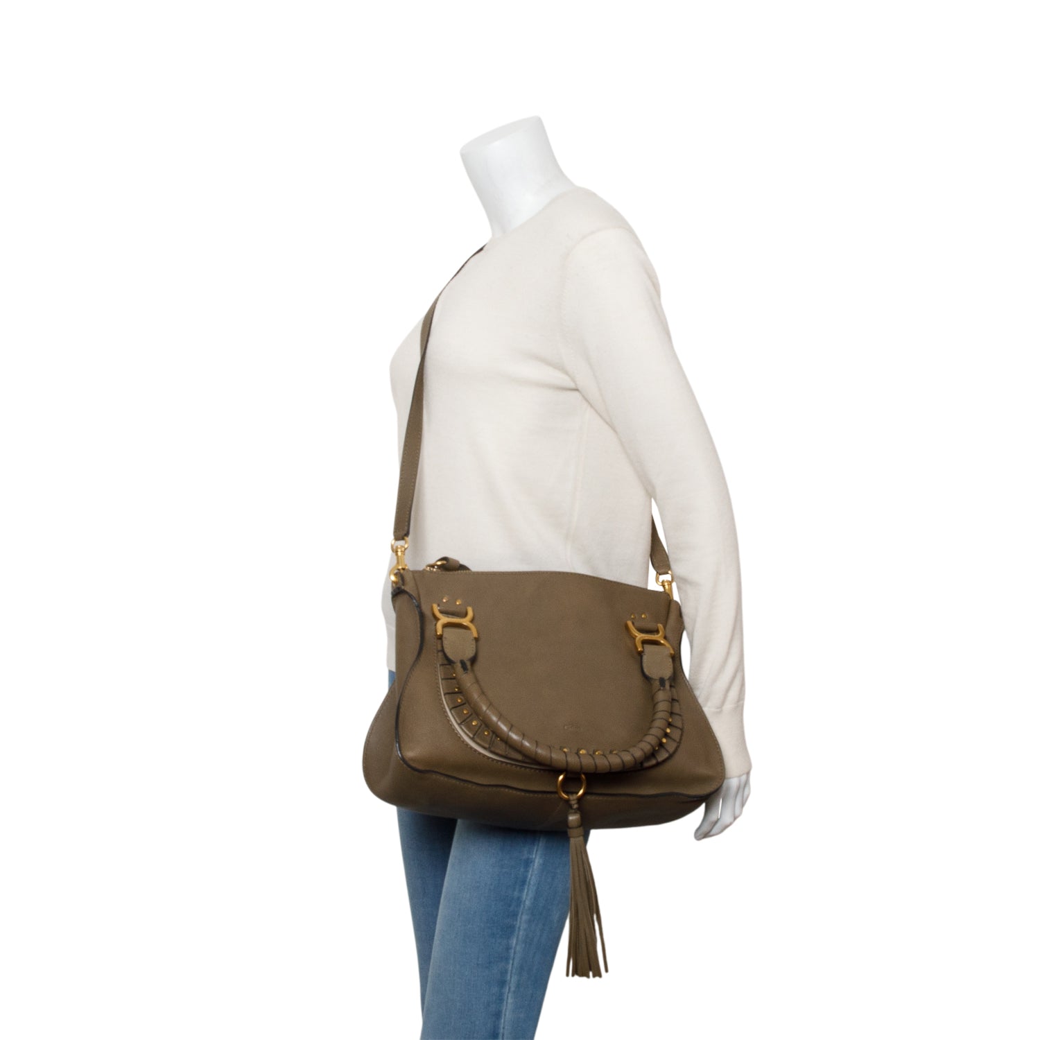 Chloe Khaki Studded Medium Marcie Satchel w/ Strap & Authenticity Card