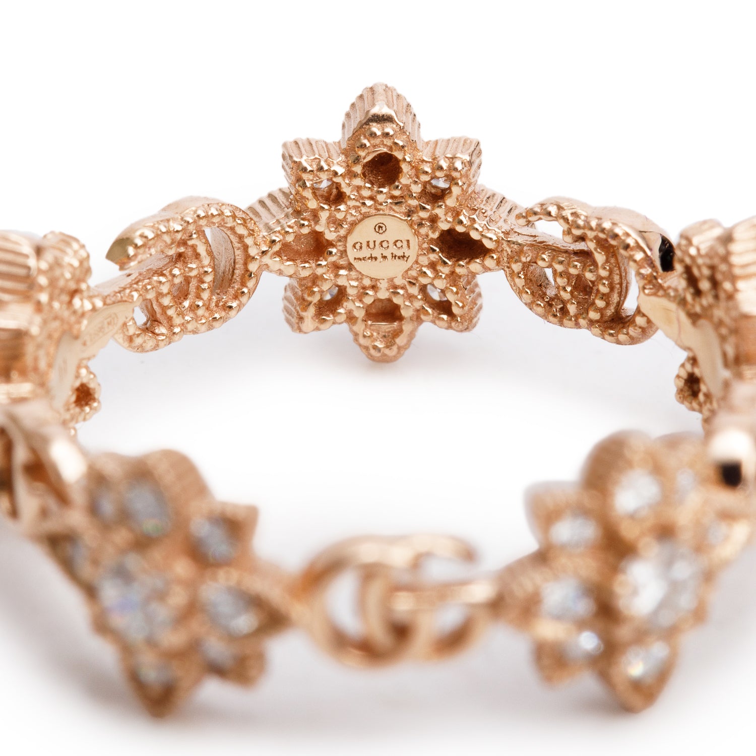 Gucci 18k Rose Gold Diamond Flora Band Ring, Size 11 5.5 w/ Box