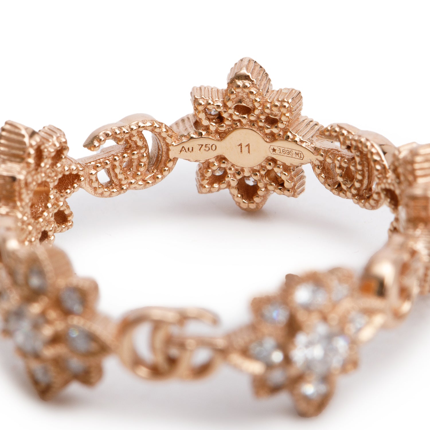 Gucci 18k Rose Gold Diamond Flora Band Ring, Size 11 5.5 w/ Box