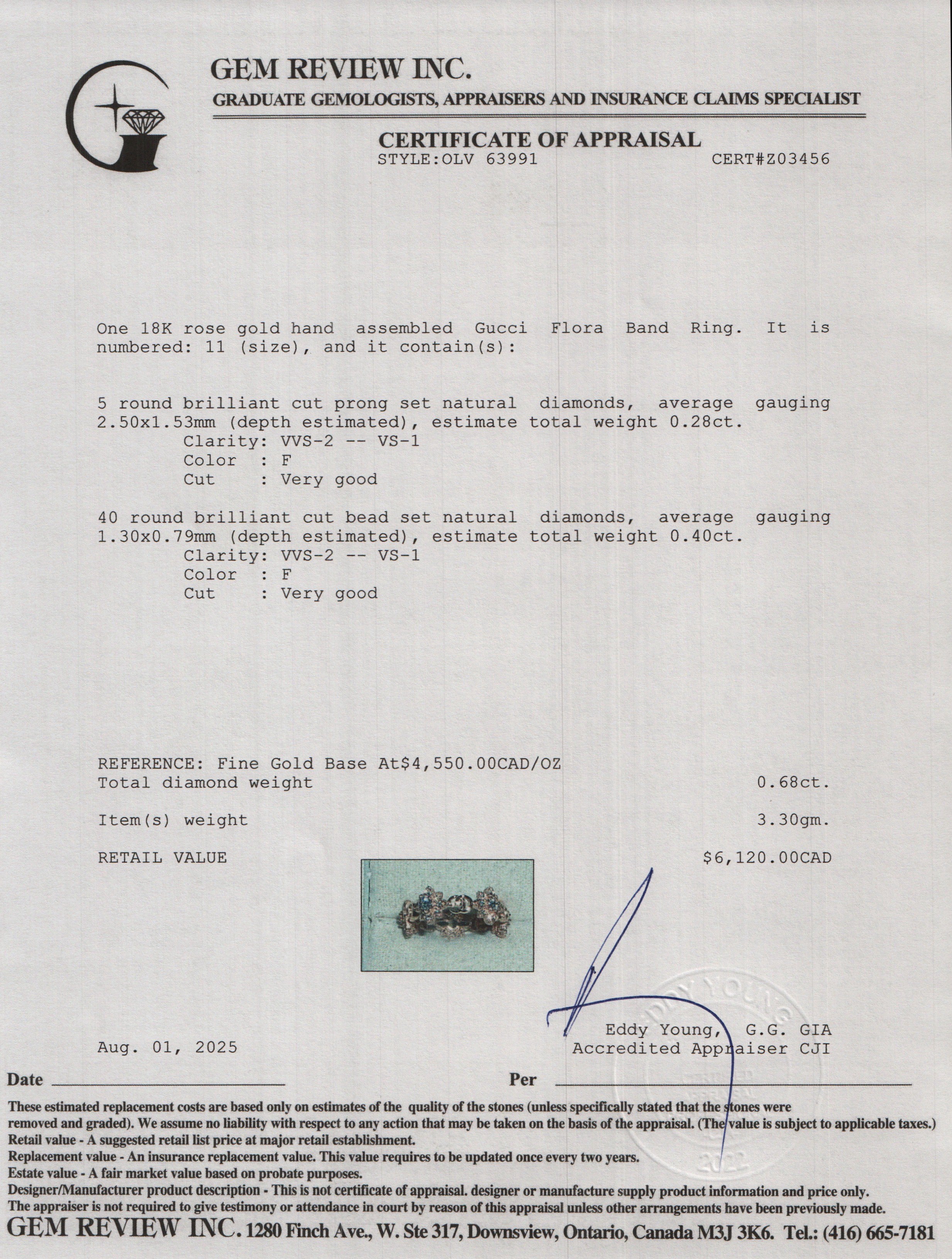 Gucci 18k Rose Gold Diamond Flora Band Ring, Size 11 5.5 w/ Box