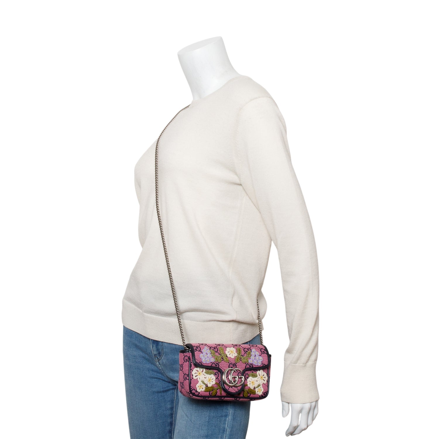 Gucci Pink Monogram Matelasse Floral Embroidered Super Mini GG Marmont Shoulder Bag