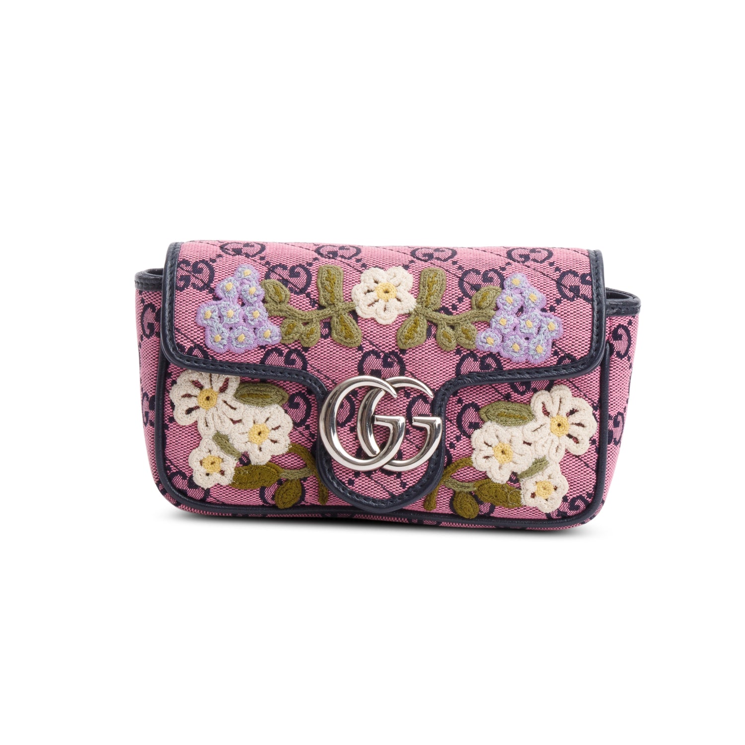 Gucci Pink Monogram Matelasse Floral Embroidered Super Mini GG Marmont Shoulder Bag