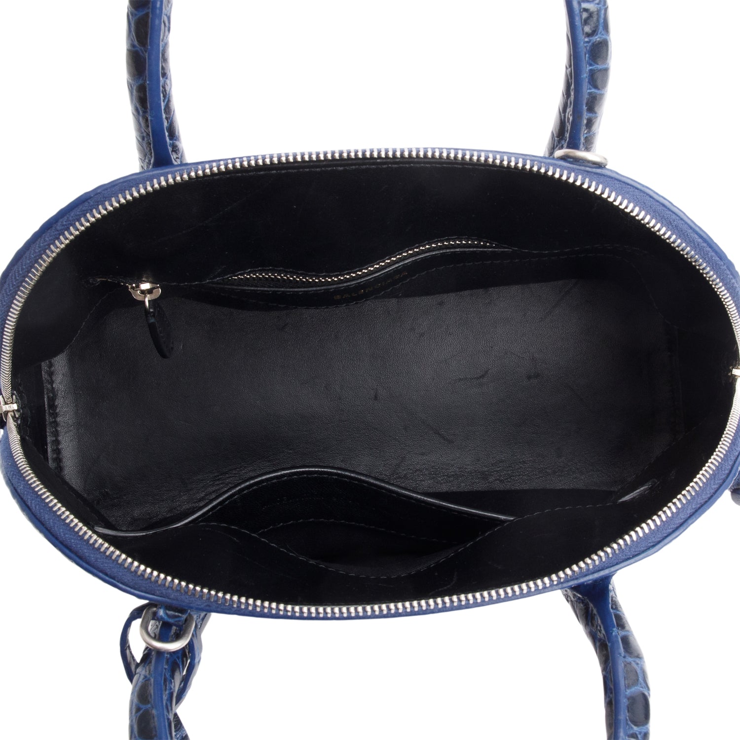 Balenciaga Navy Shiny Calfskin Logo Croc Embossed S Ville Top Handle Bag w/ Strap