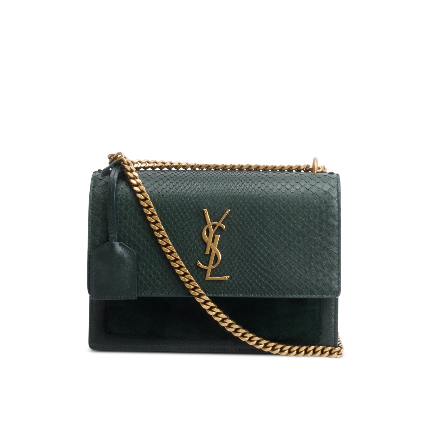Saint Lauren Green Python Embossed Medium Sunset Shoulder Bag