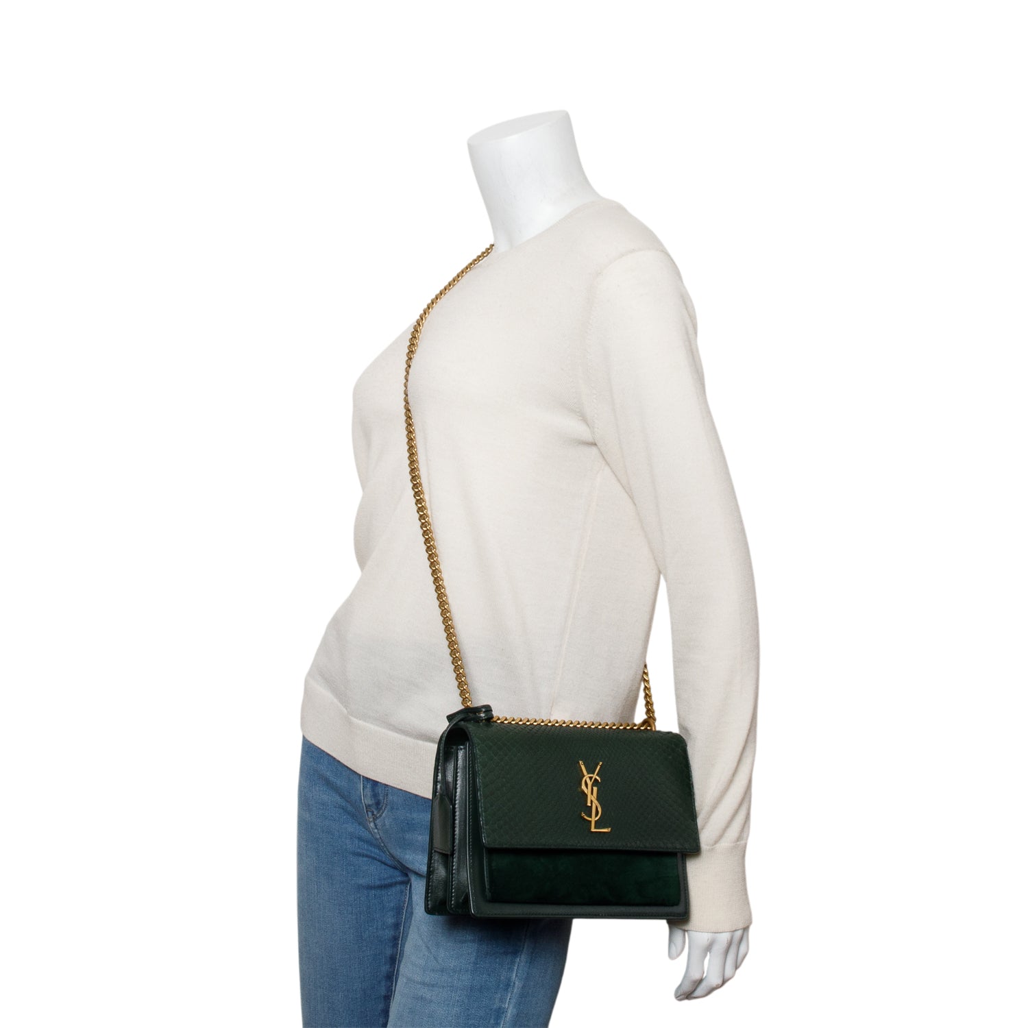 Saint Lauren Green Python Embossed Medium Sunset Shoulder Bag