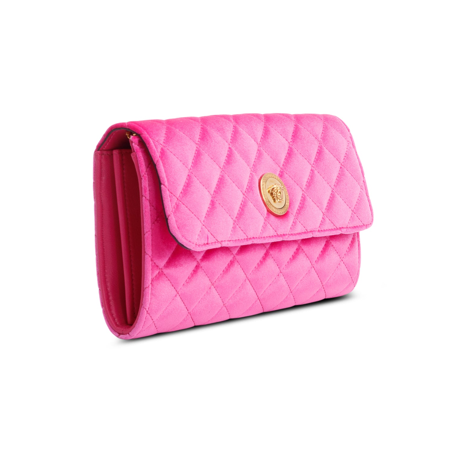 Versace Pink Velvet Quilted Medusa Wallet on Chain w/ Box