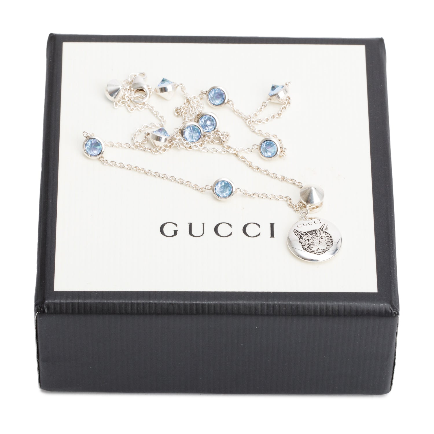 Gucci Sterling Silver Blue Cubic Zircoina Blind for Love Pendant Necklace w/ Box