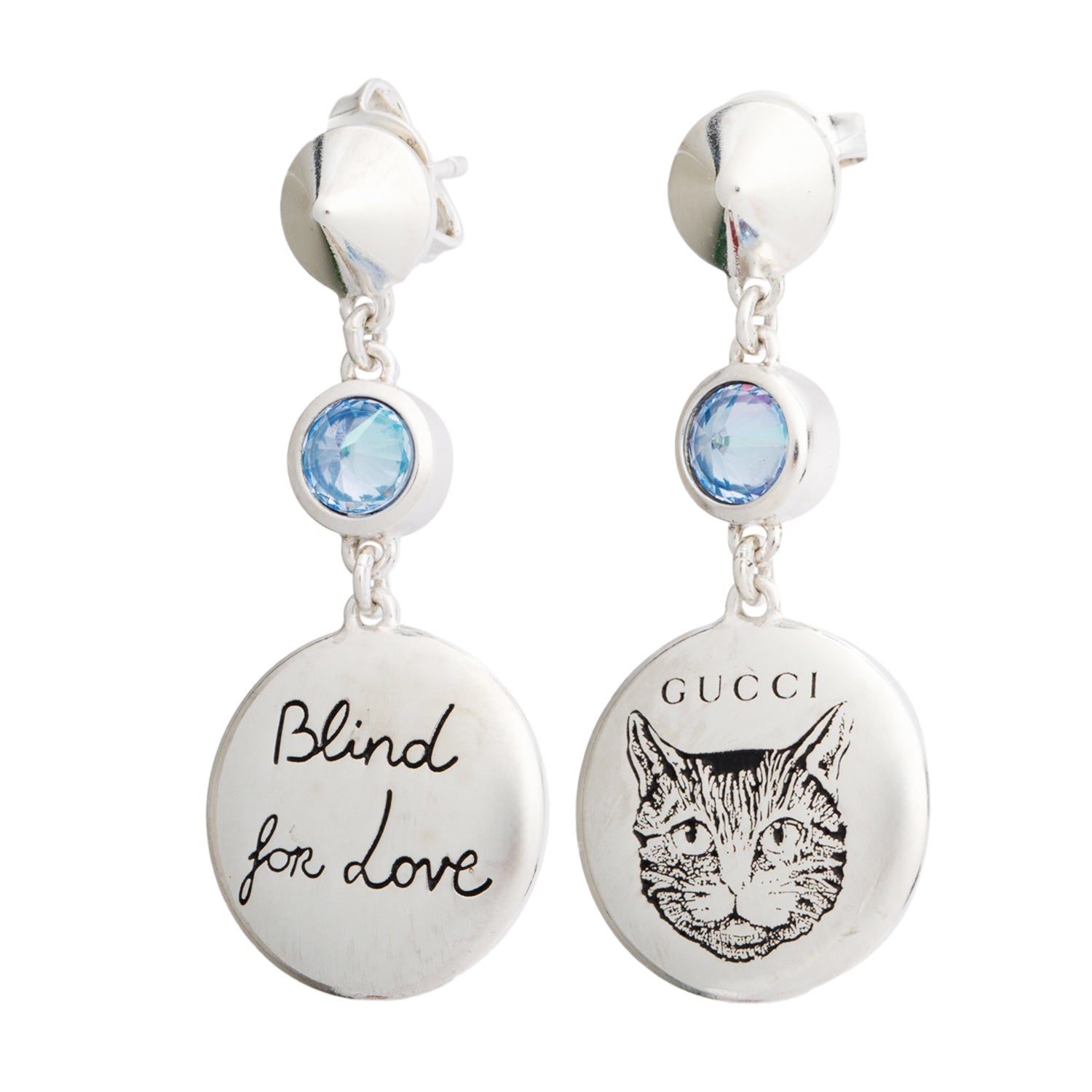 Gucci Sterling Silver Blue Cubic Zircoina Blind for Love Earrings w/ Box