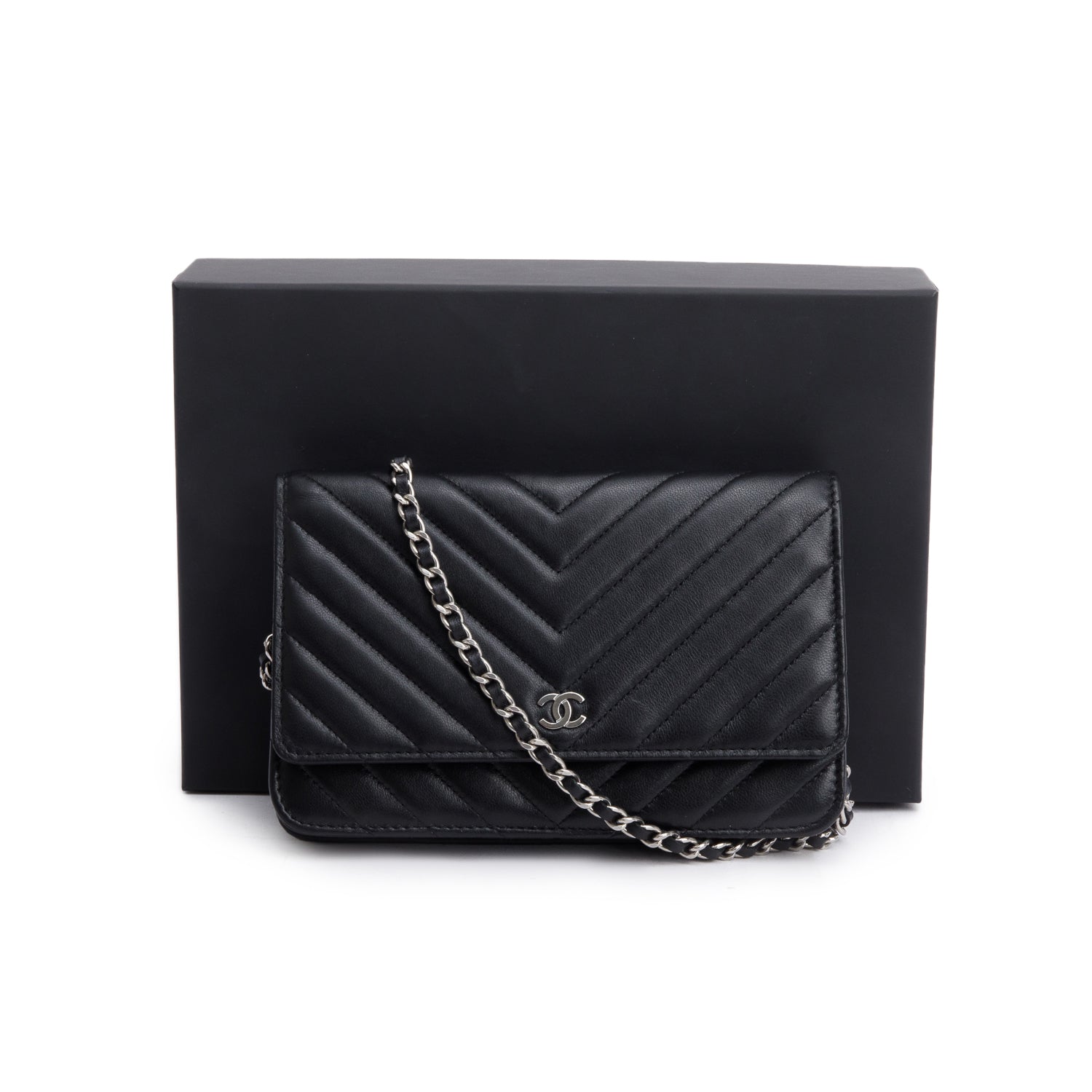 Chanel 2022 Black Chevron Lambskin Wallet on Chain w/ Box & Receipt