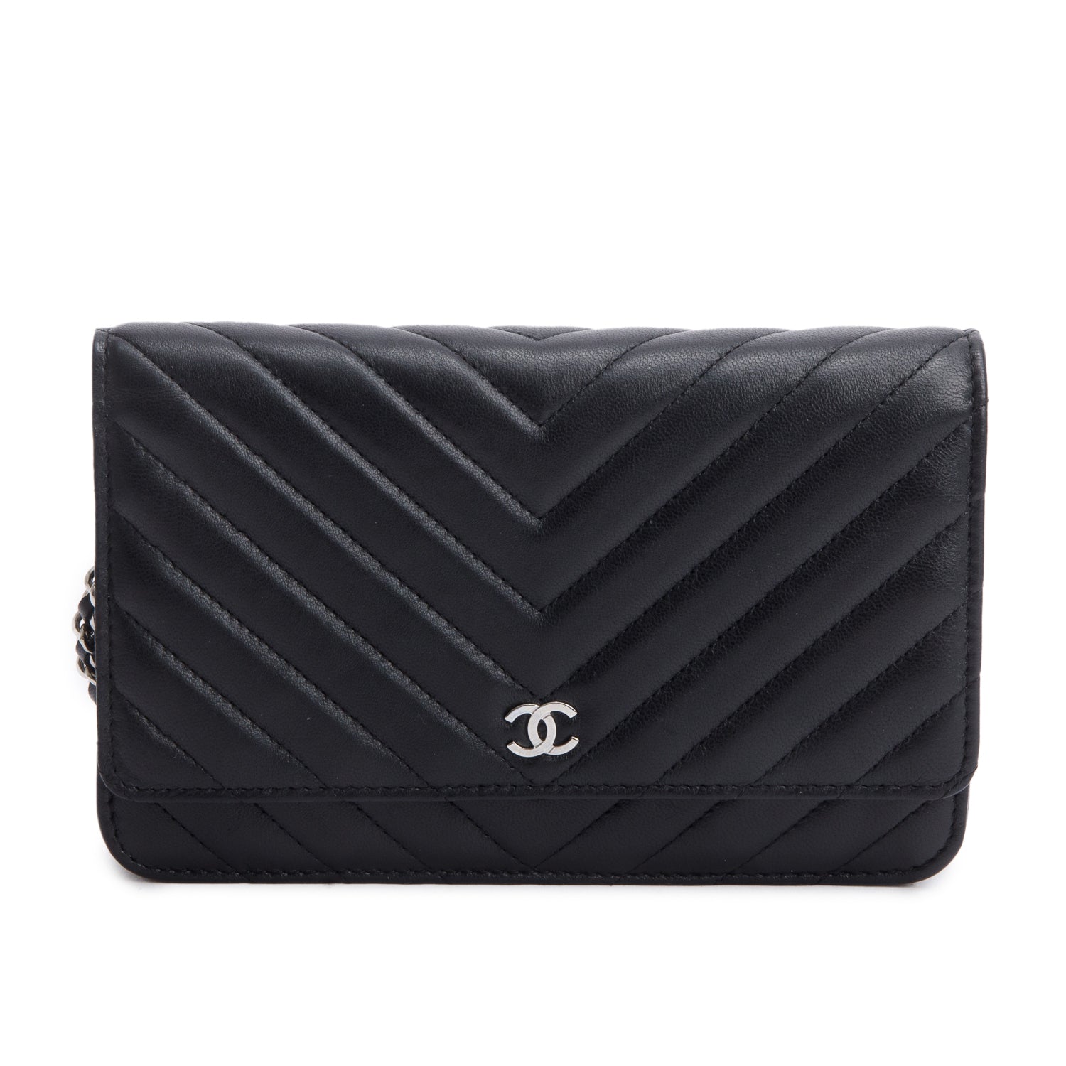 Chanel 2022 Black Chevron Lambskin Wallet on Chain w/ Box & Receipt