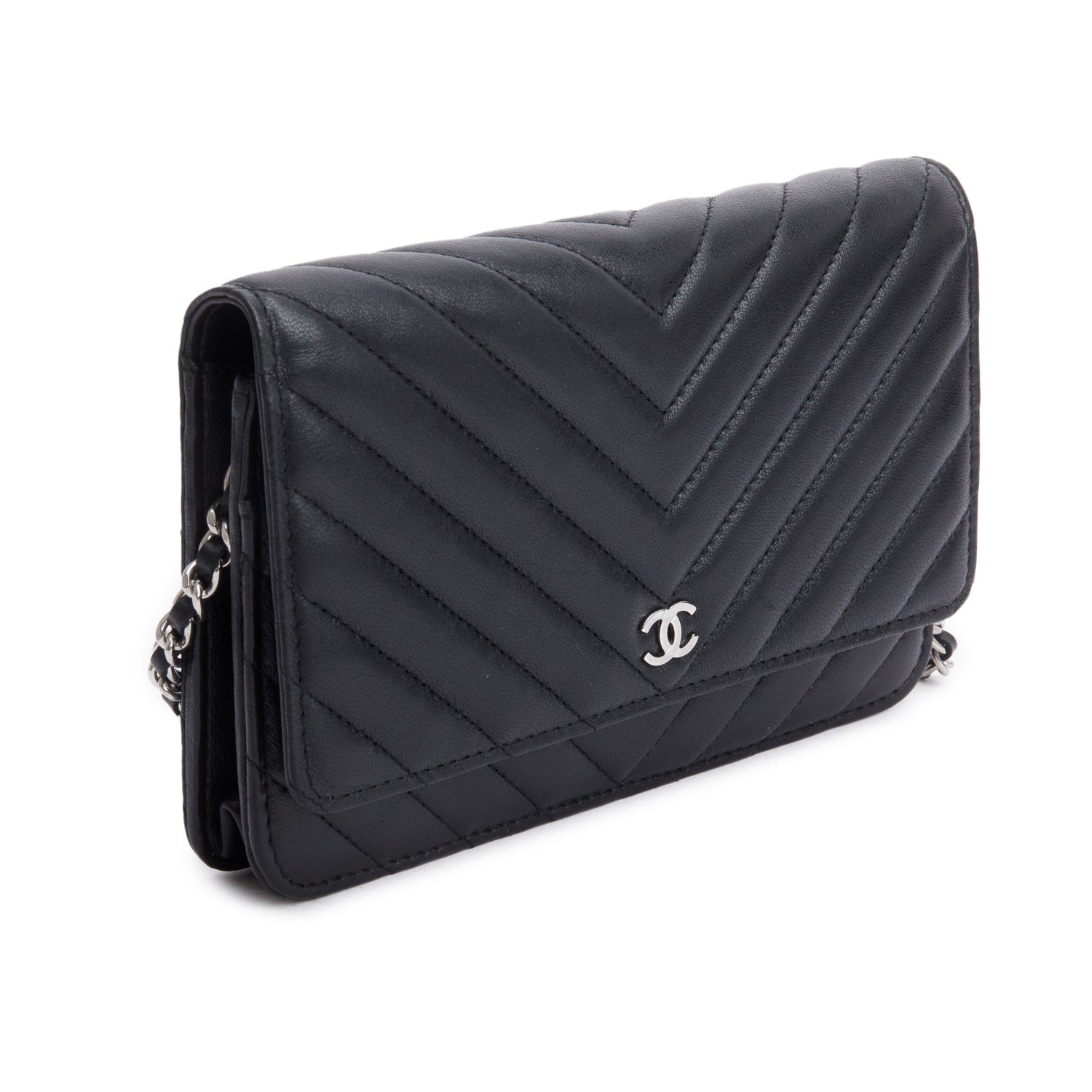 Chanel 2022 Black Chevron Lambskin Wallet on Chain w/ Box & Receipt