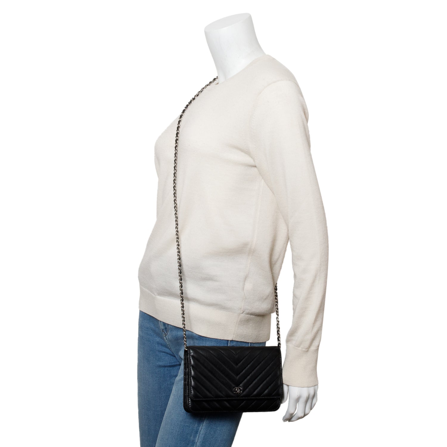 Chanel 2022 Black Chevron Lambskin Wallet on Chain w/ Box & Receipt