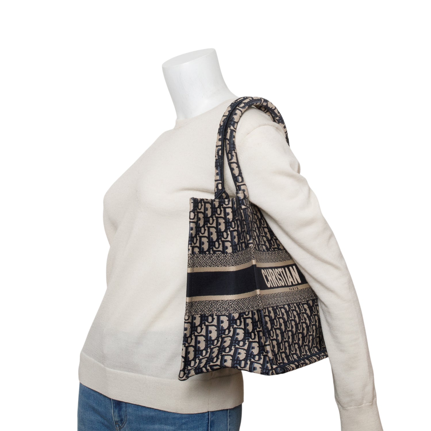 Christian Dior 2023 Ecru and Blue Oblique Embroidery Medium Book Tote