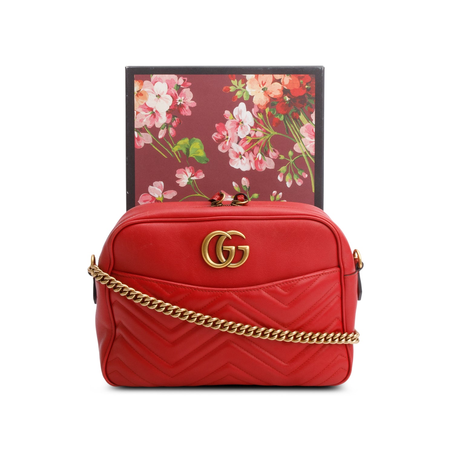 Gucci Red Calfskin Medium GG Marmont Chain Shoulder Bag w/ Box