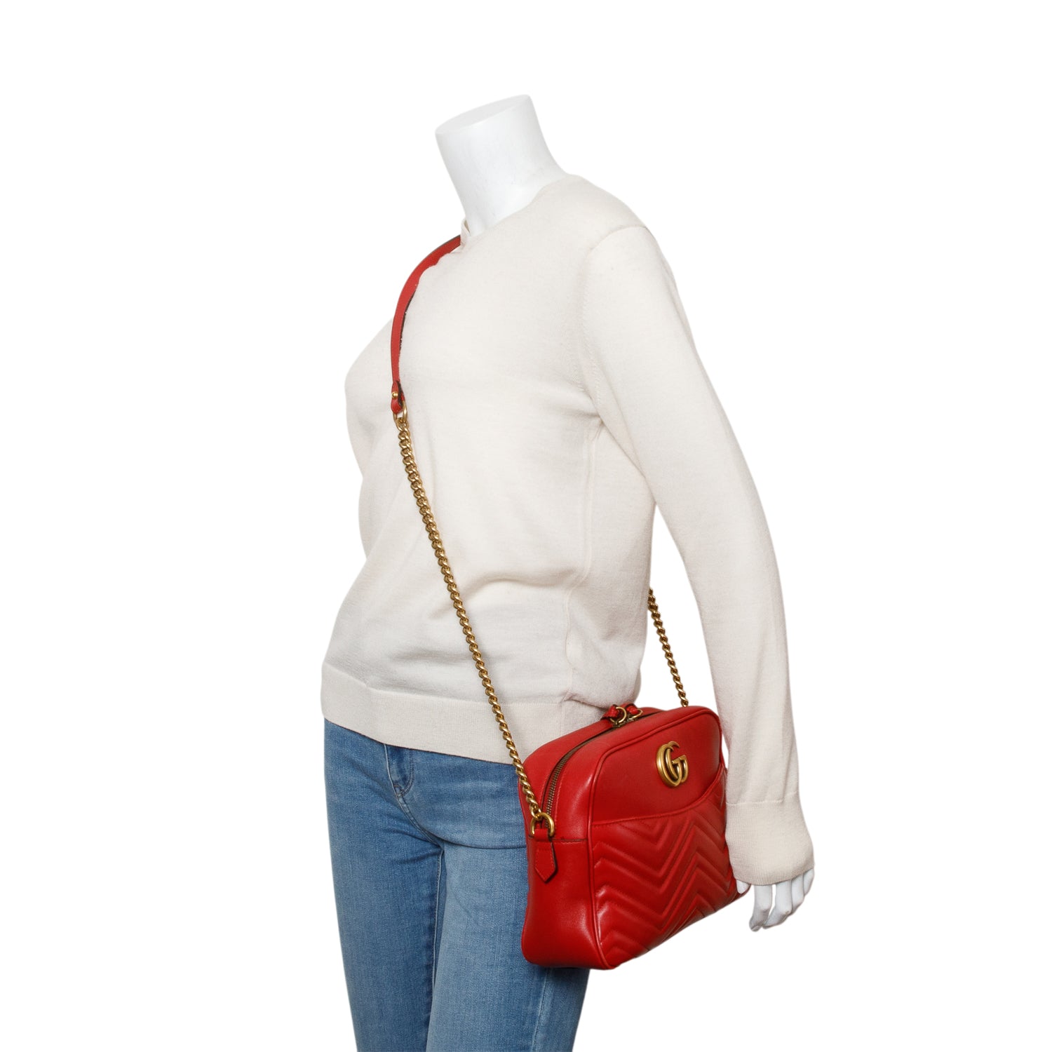 Gucci Red Calfskin Medium GG Marmont Chain Shoulder Bag w/ Box