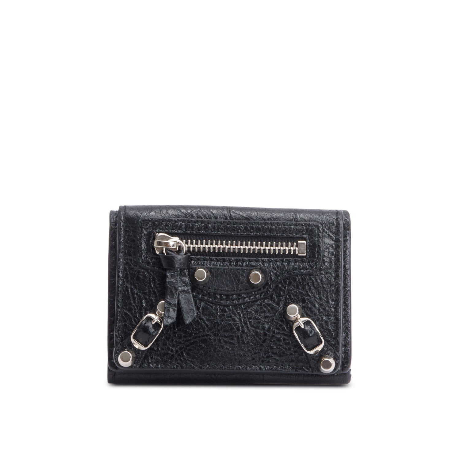 Balenciaga Black Crinkled Calfskin Leather City Mini Trifold Compact Wallet