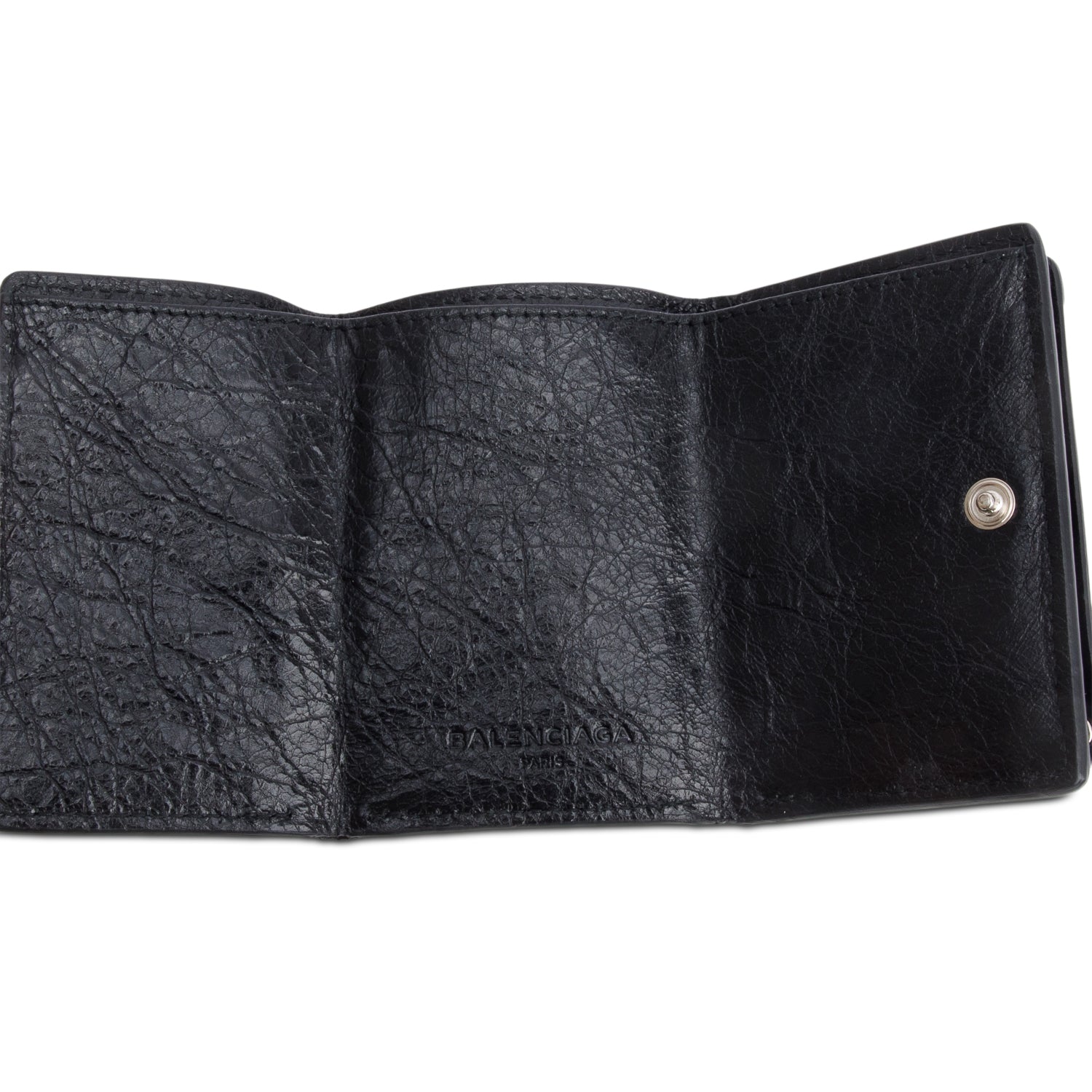 Balenciaga Black Crinkled Calfskin Leather City Mini Trifold Compact Wallet