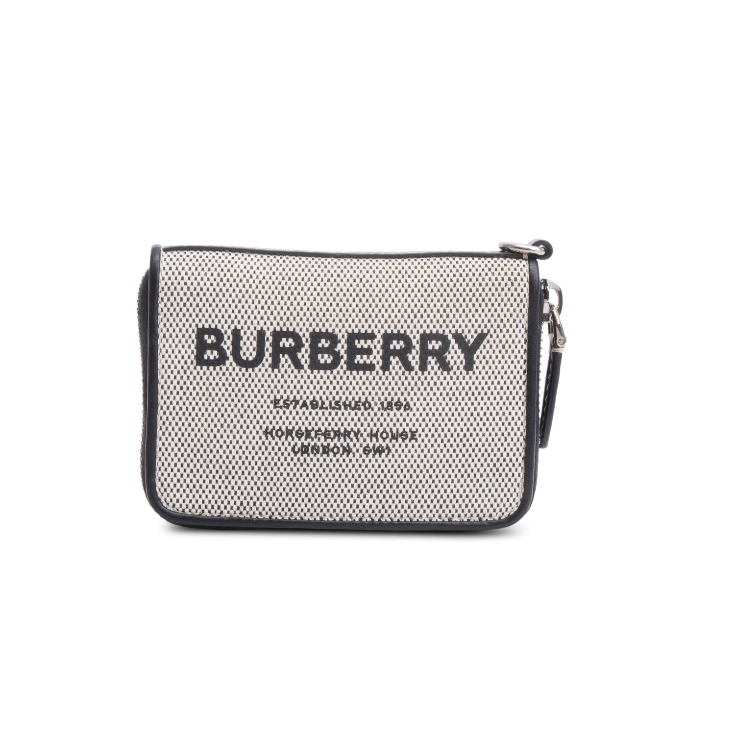 Burberry Canvas & Black Leather Zip Wallet w/ Strap