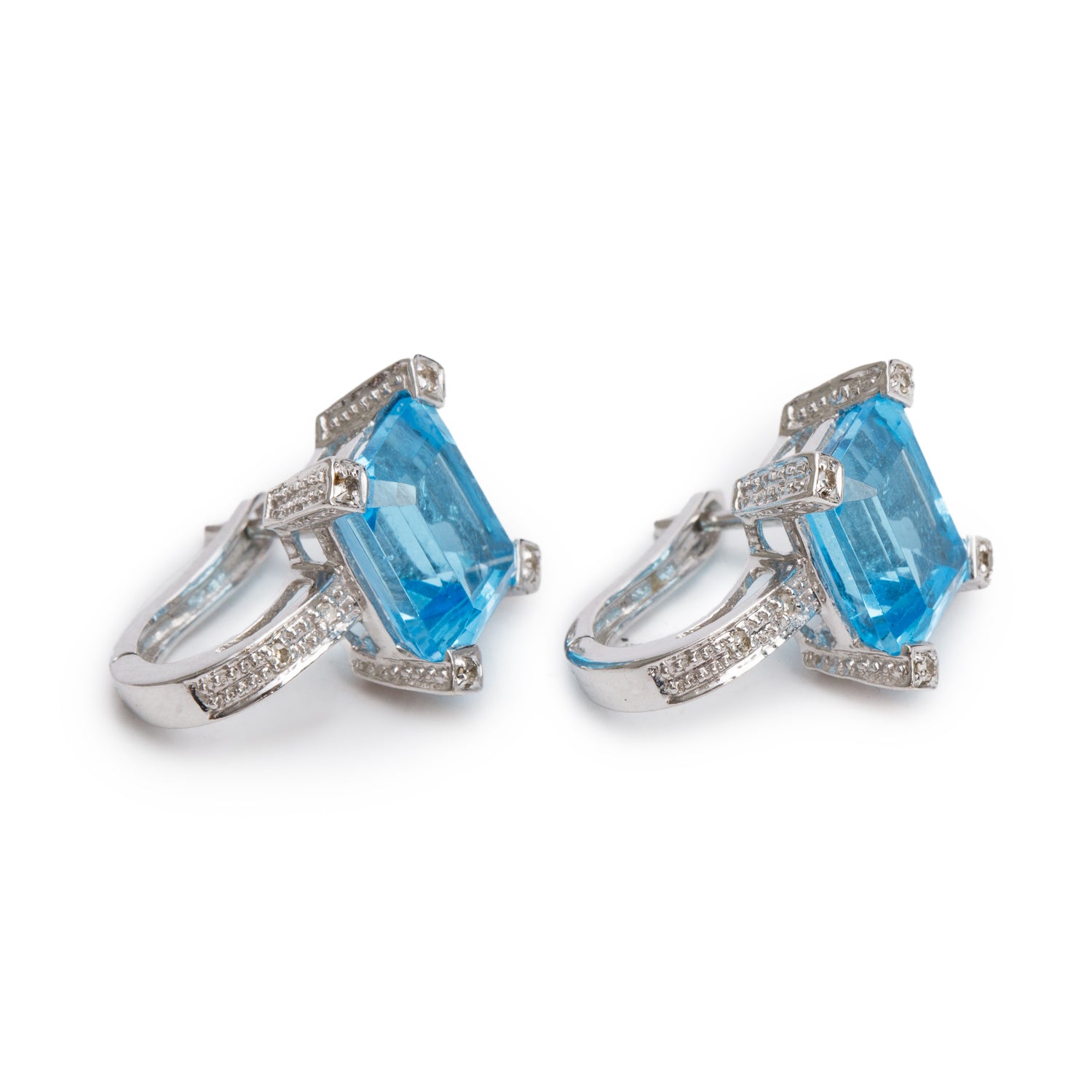 14k White Gold Blue Topaz & Diamond Earrings
