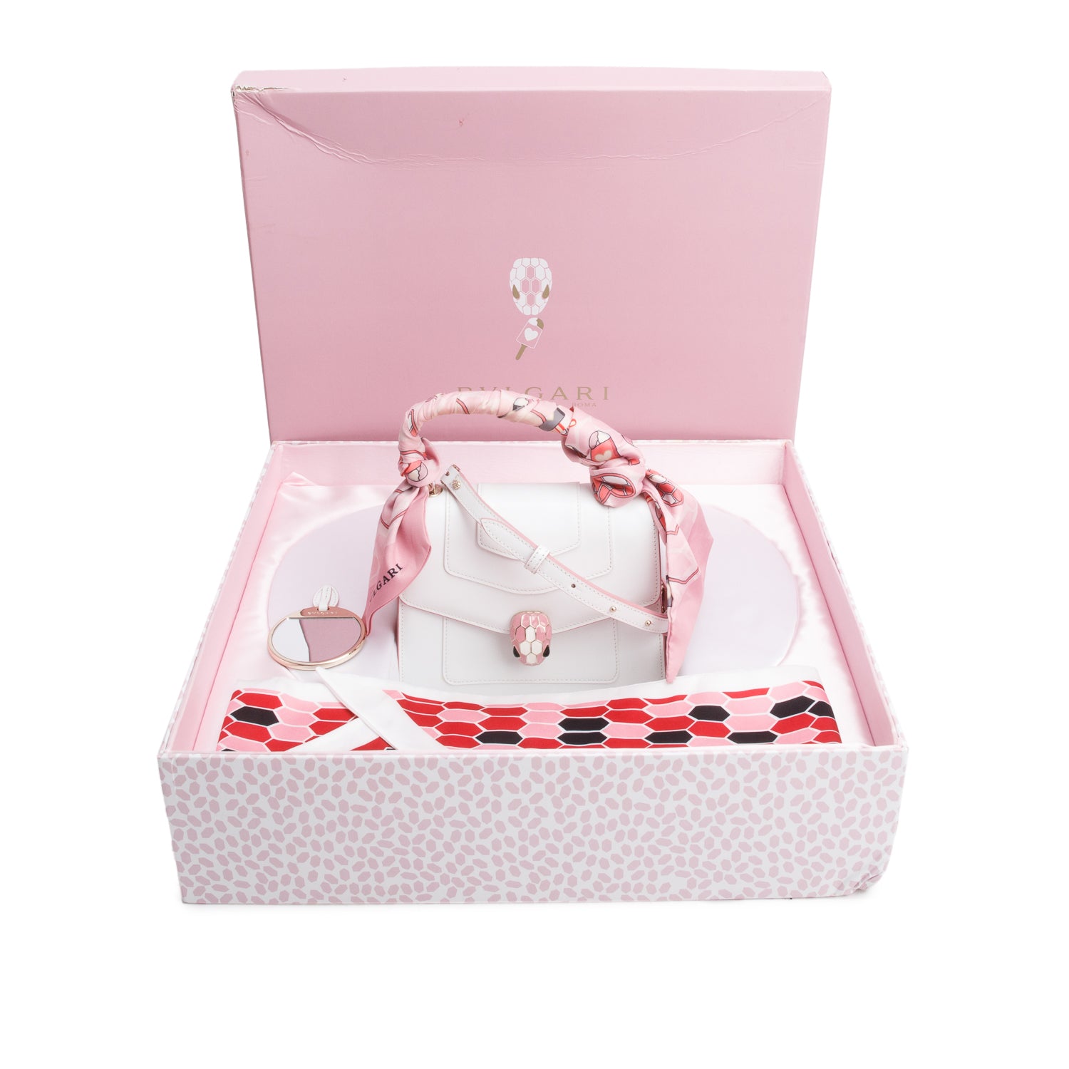 Bvlgari White/Pink Serpenti Forever Top Handle w/ Box, Straps, & Two Scarves