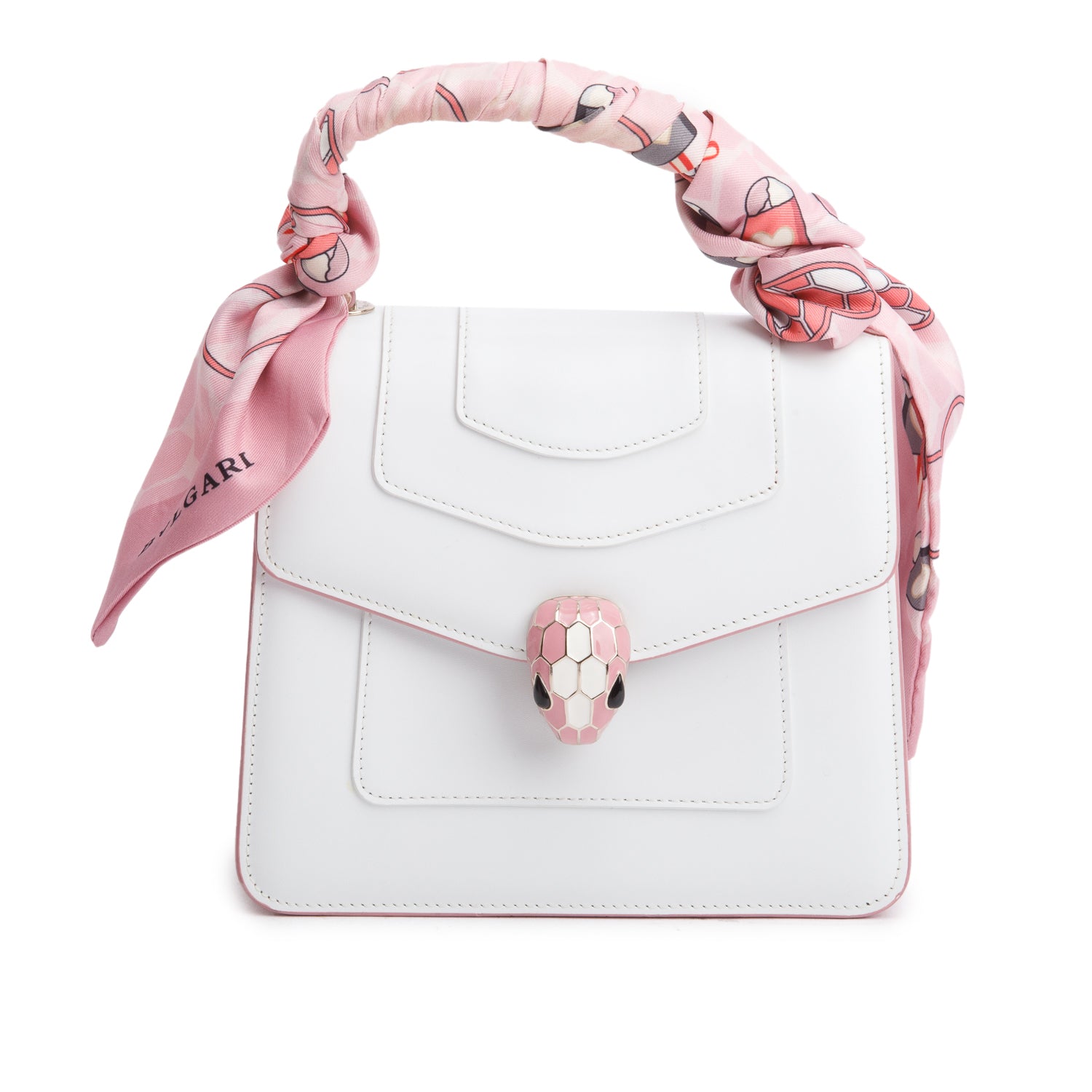 Bvlgari White/Pink Serpenti Forever Top Handle w/ Box, Straps, & Two Scarves