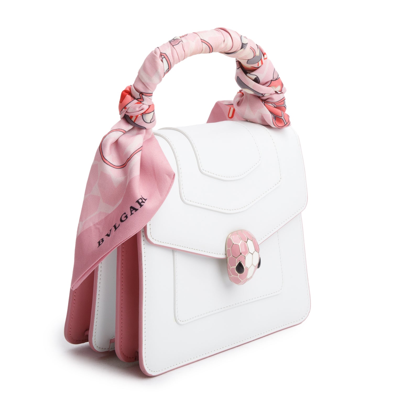Bvlgari White/Pink Serpenti Forever Top Handle w/ Box, Straps, & Two Scarves