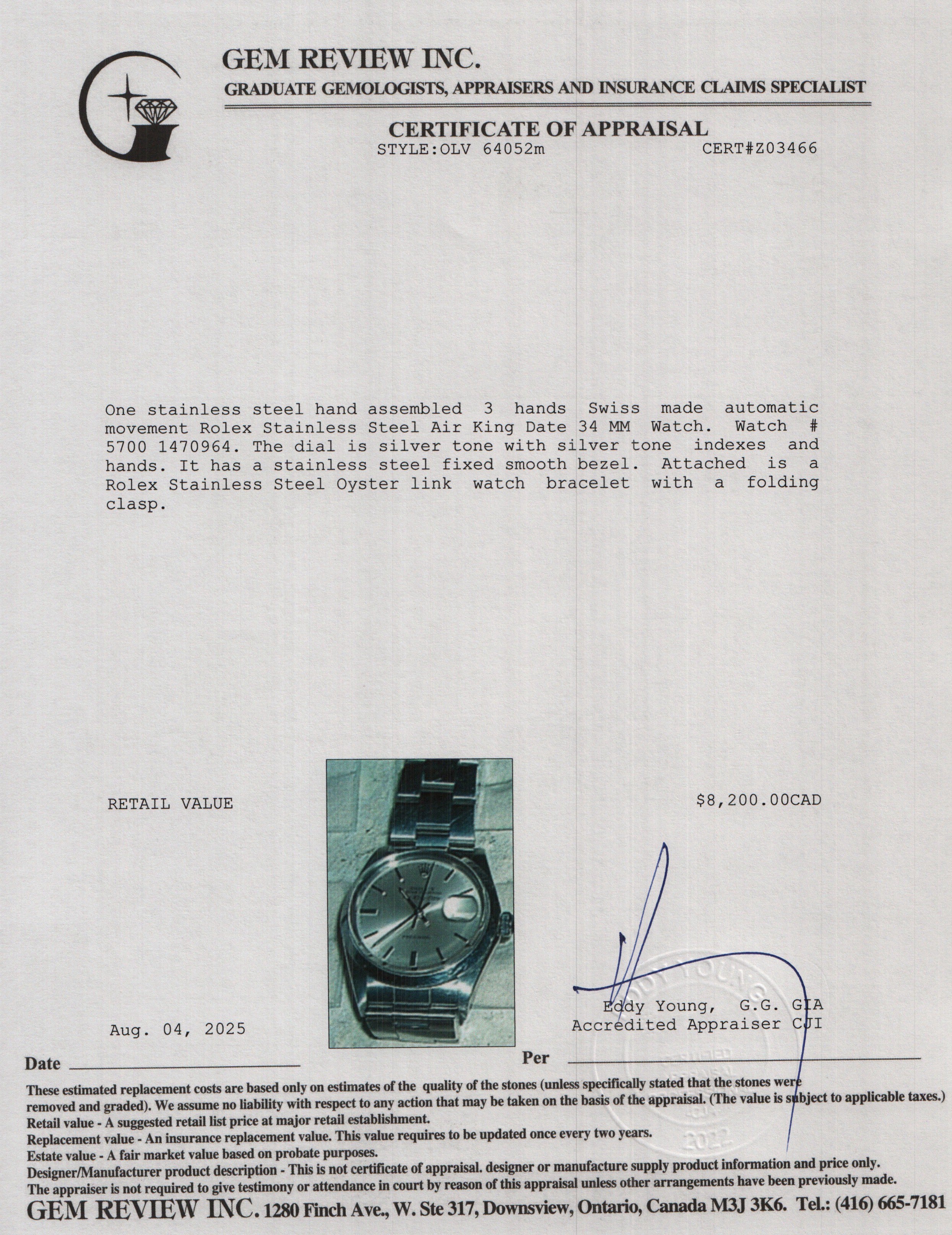 Rolex Stainless Steel Air King Date 34 MM Watch 5700