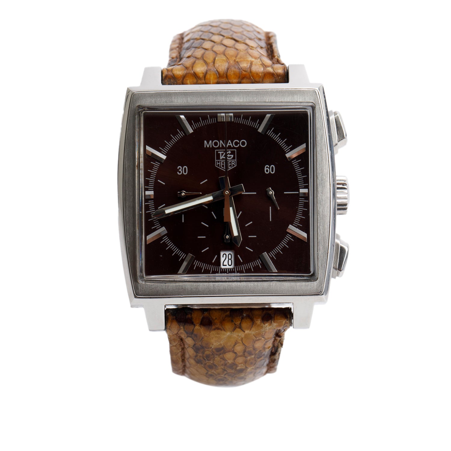 Tag Heuer Stainless Steel Monaco 38 MM Automatic Chronograph Watch Brown Dial Python Strap CW2114