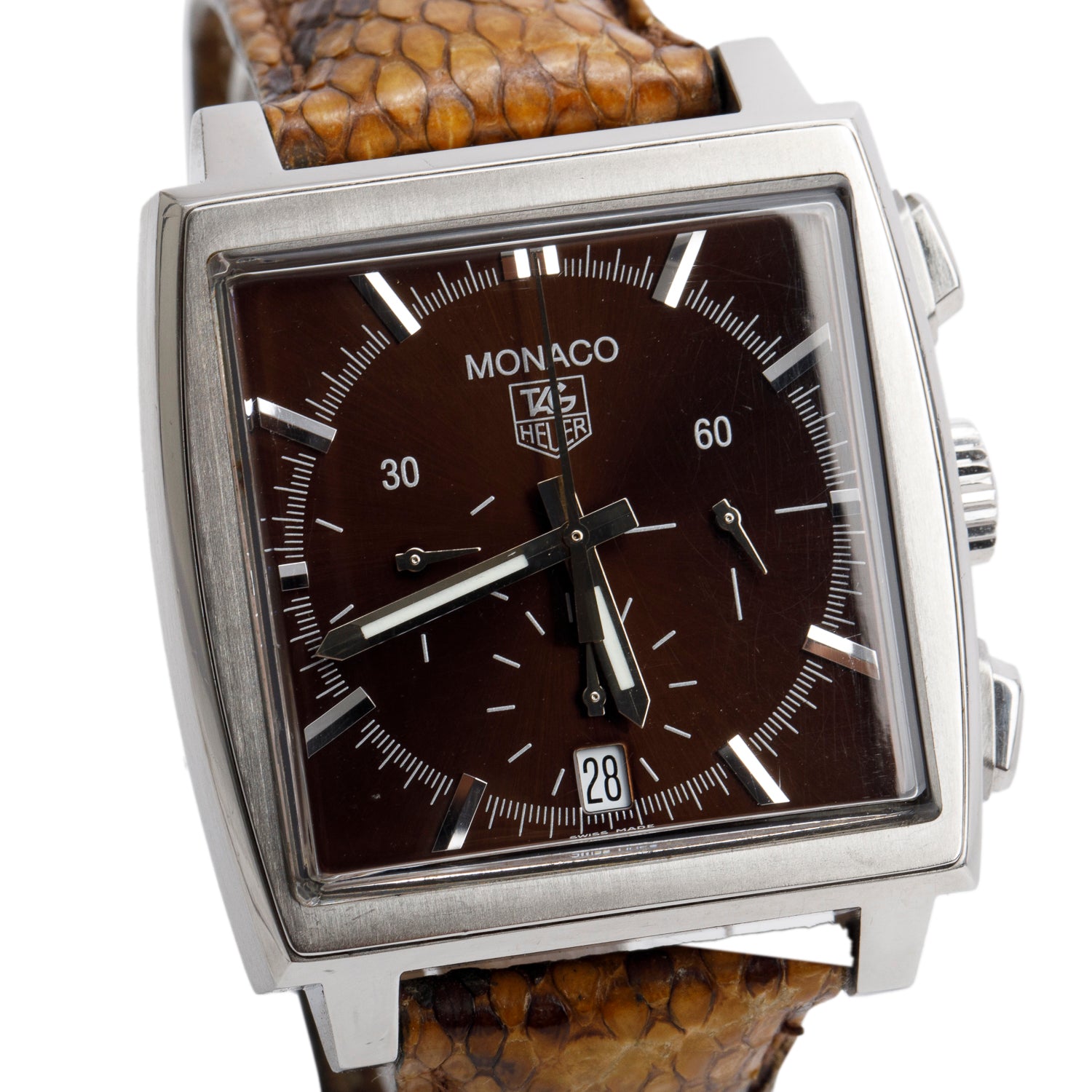 Tag Heuer Stainless Steel Monaco 38 MM Automatic Chronograph Watch Brown Dial Python Strap CW2114