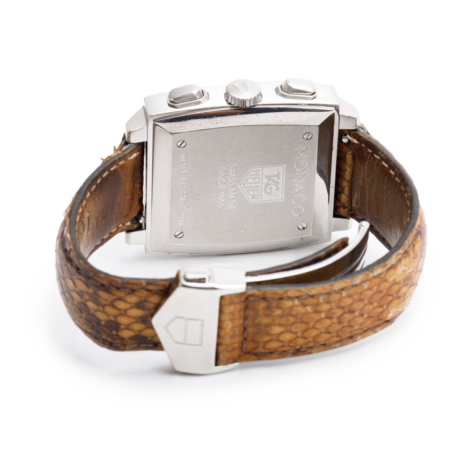 Tag Heuer Stainless Steel Monaco 38 MM Automatic Chronograph Watch Brown Dial Python Strap CW2114