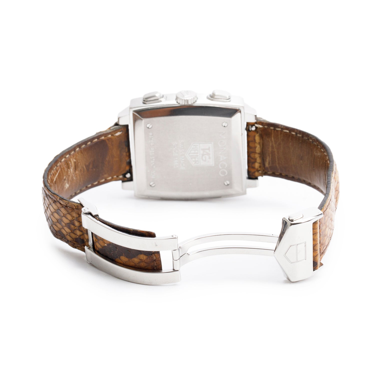 Tag Heuer Stainless Steel Monaco 38 MM Automatic Chronograph Watch Brown Dial Python Strap CW2114