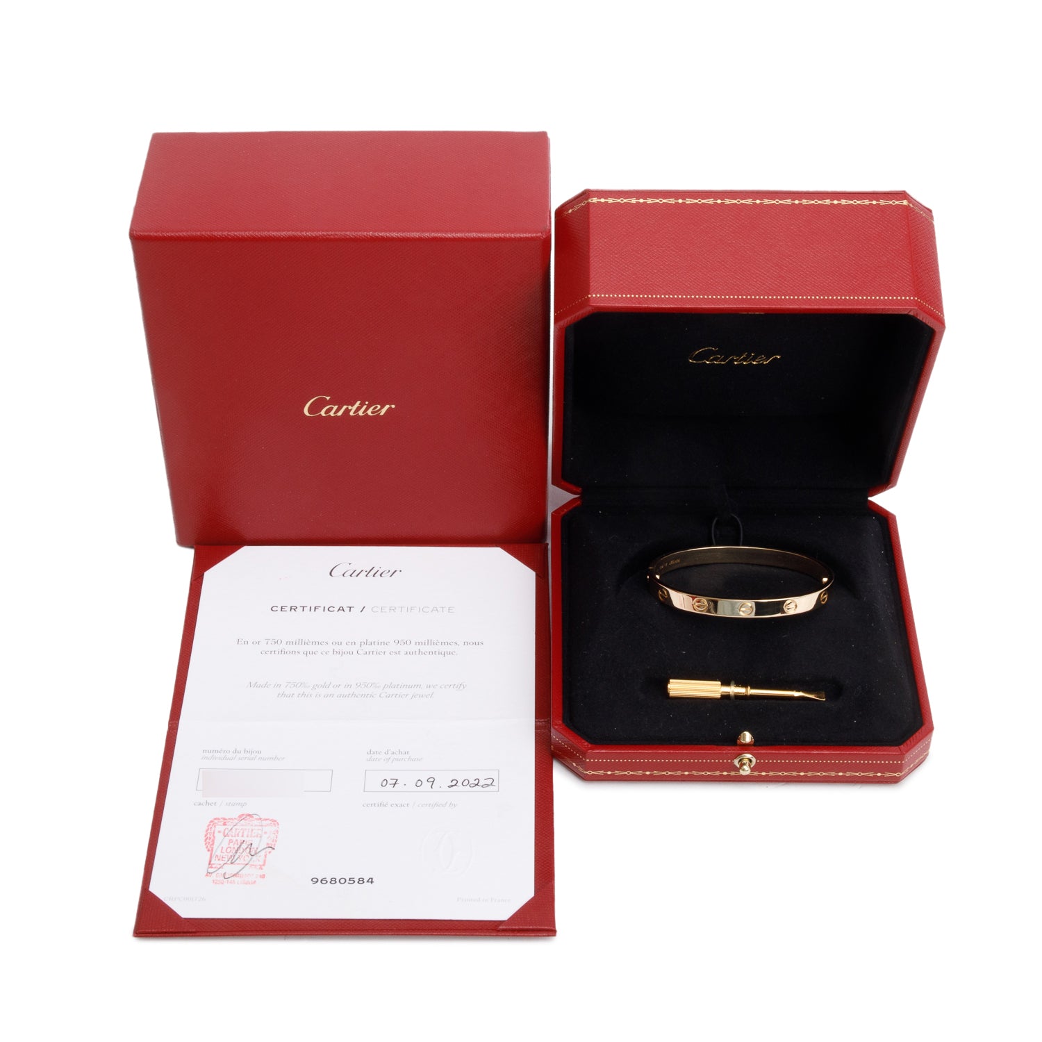Cartier 18k Yellow Gold Love Bracelet, Classic Model, Size 17 w/ Box & Certificate