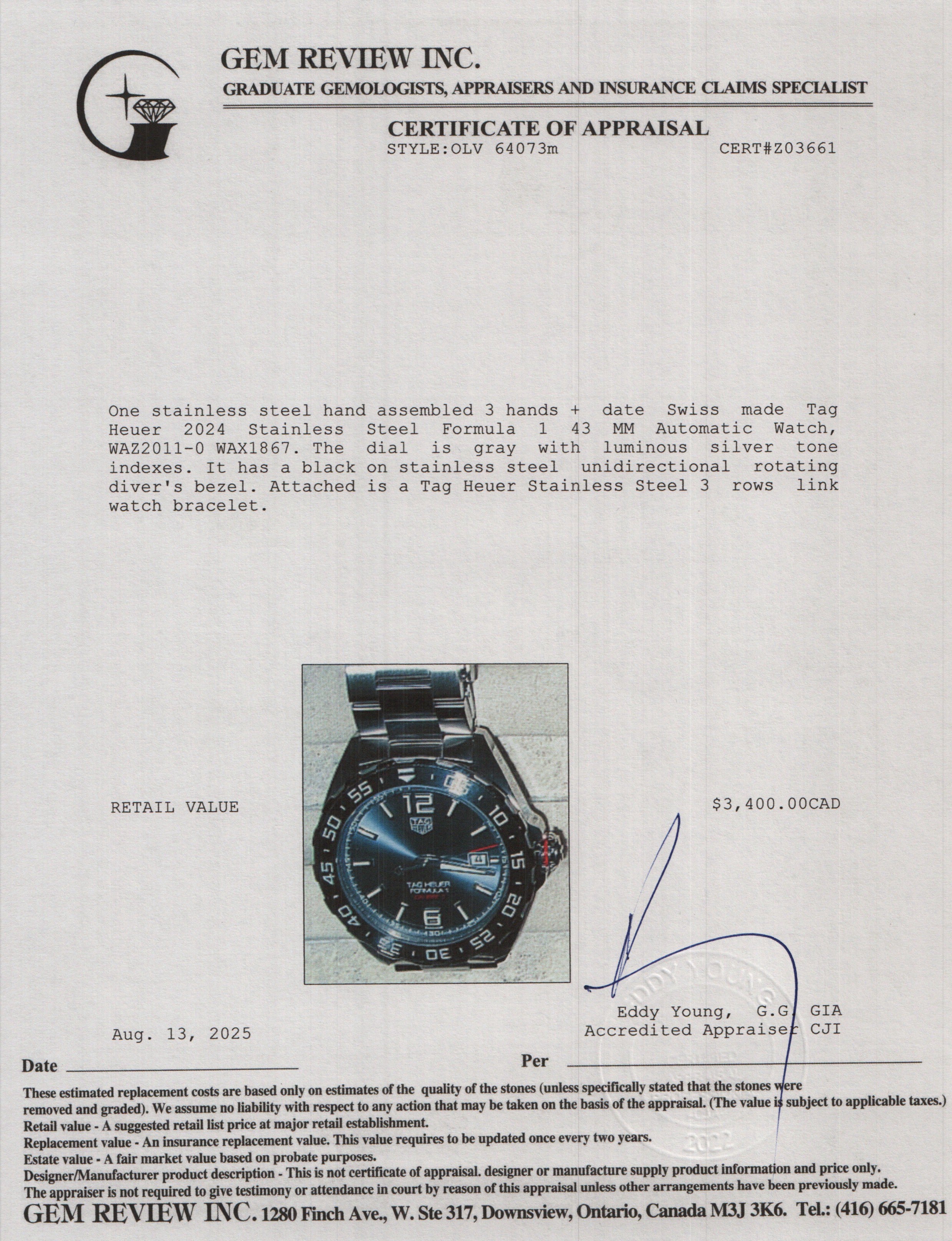 Tag Heuer Stainless Steel & Ceramic Formula 1 43 MM Calibre 5 Automatic Watch Grey Dial WAZ2011 w/ Box & Papers