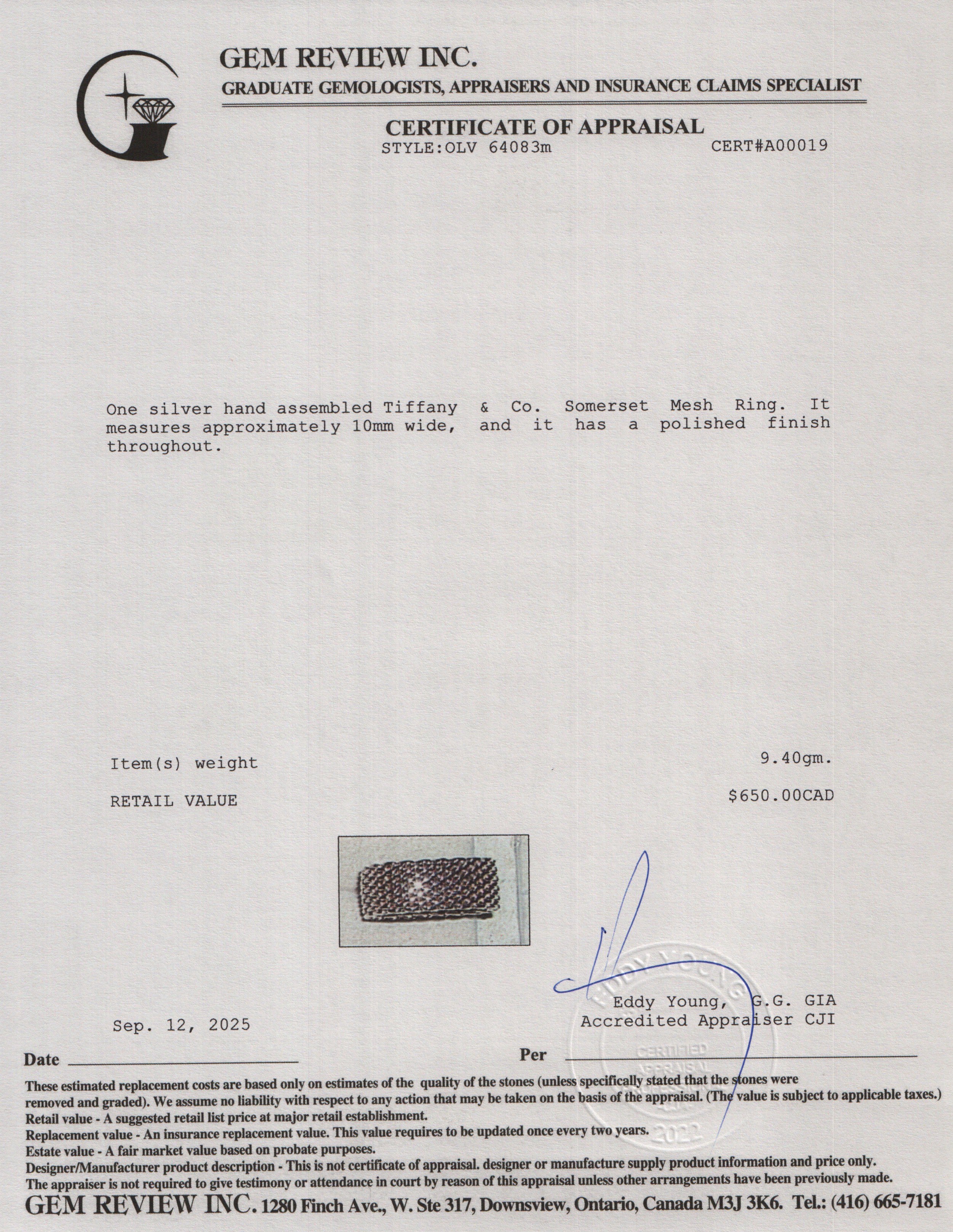 Tiffany & Co. Sterling Silver Somerset Mesh Ring, Size 9