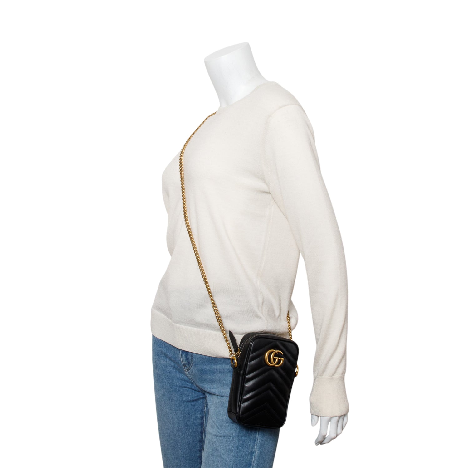 Gucci Black Matelasse Calfskin Leather Mini GG Marmont Crossbody Bag