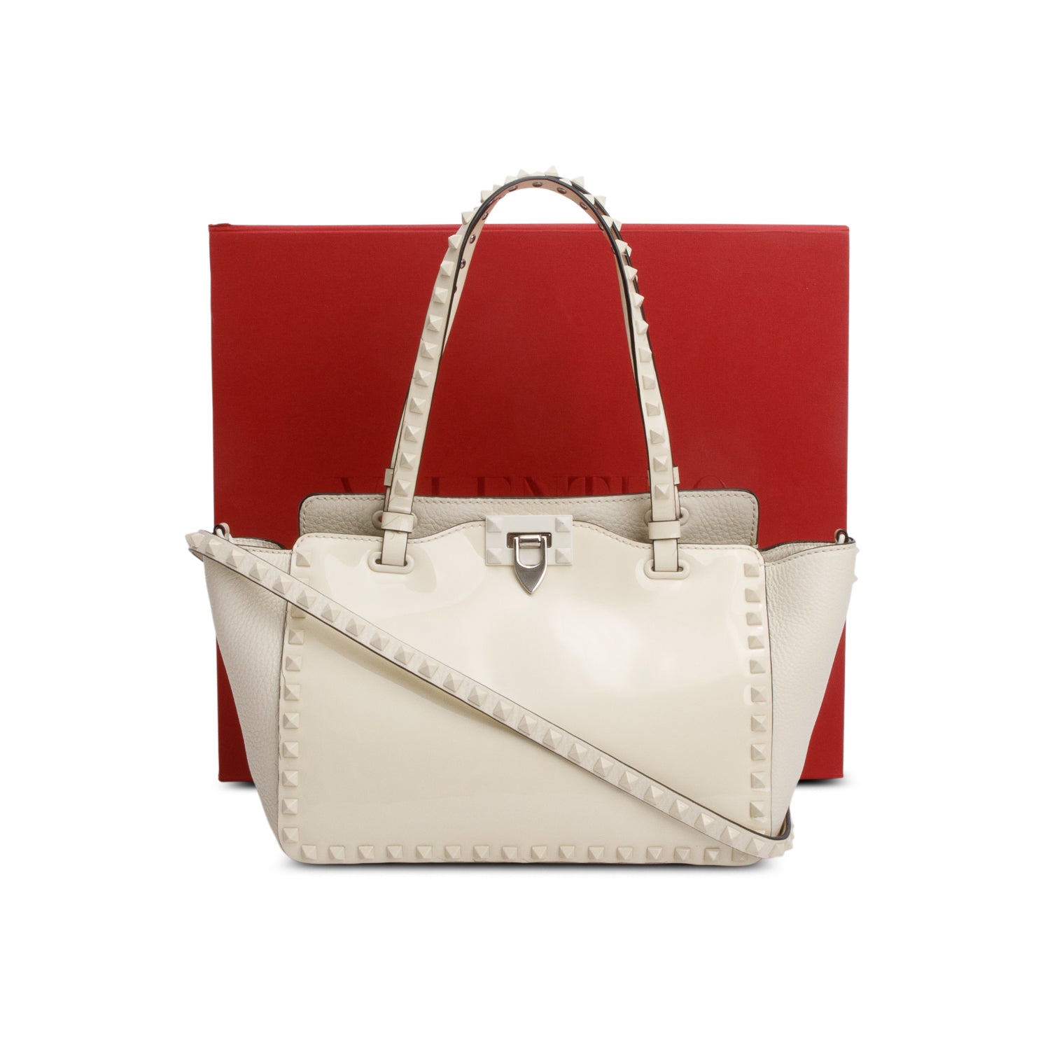 Valentino White Patent & Calfskin Leather Small Rockstud Tote Bag w/ Box & Strap