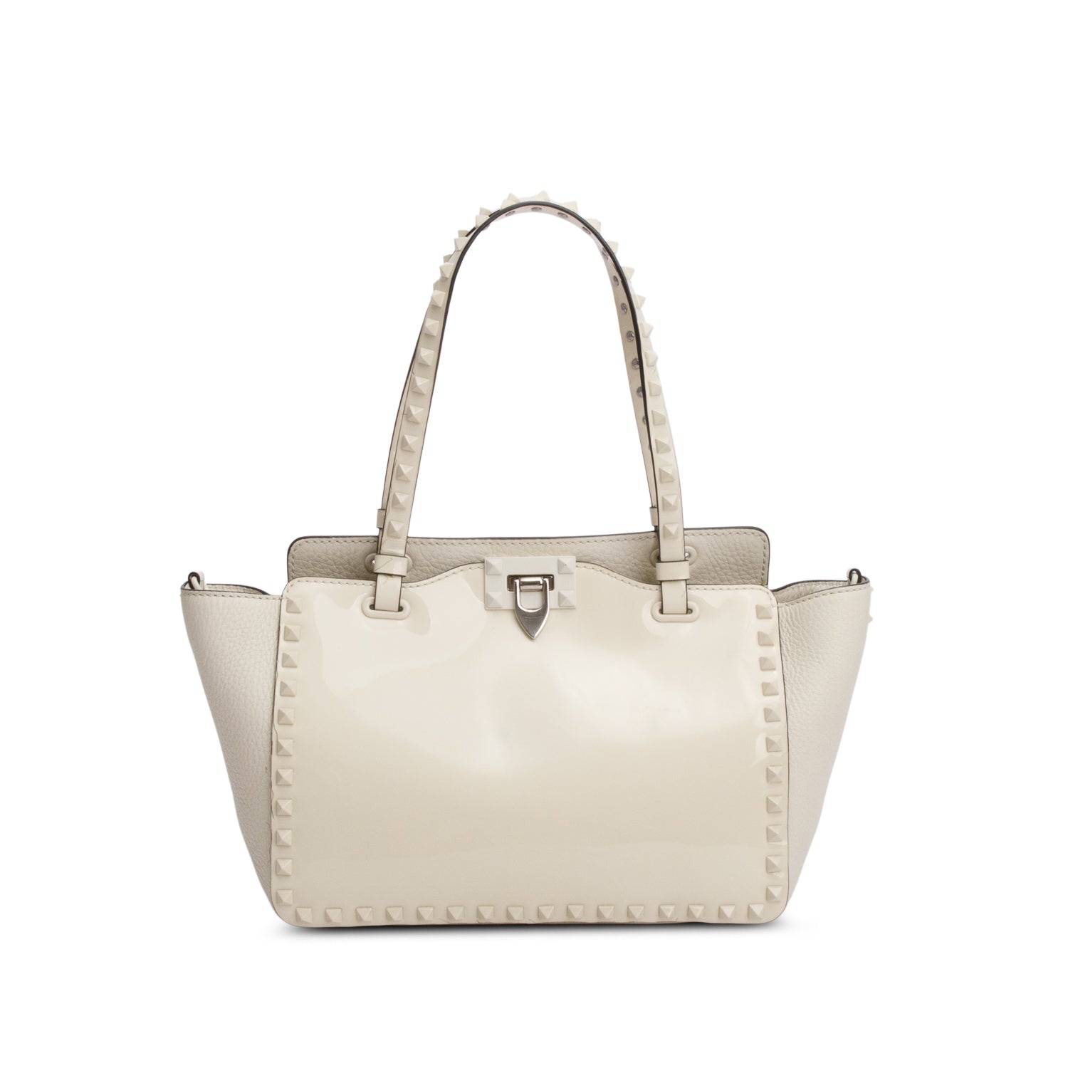 Valentino White Patent & Calfskin Leather Small Rockstud Tote Bag w/ Box & Strap