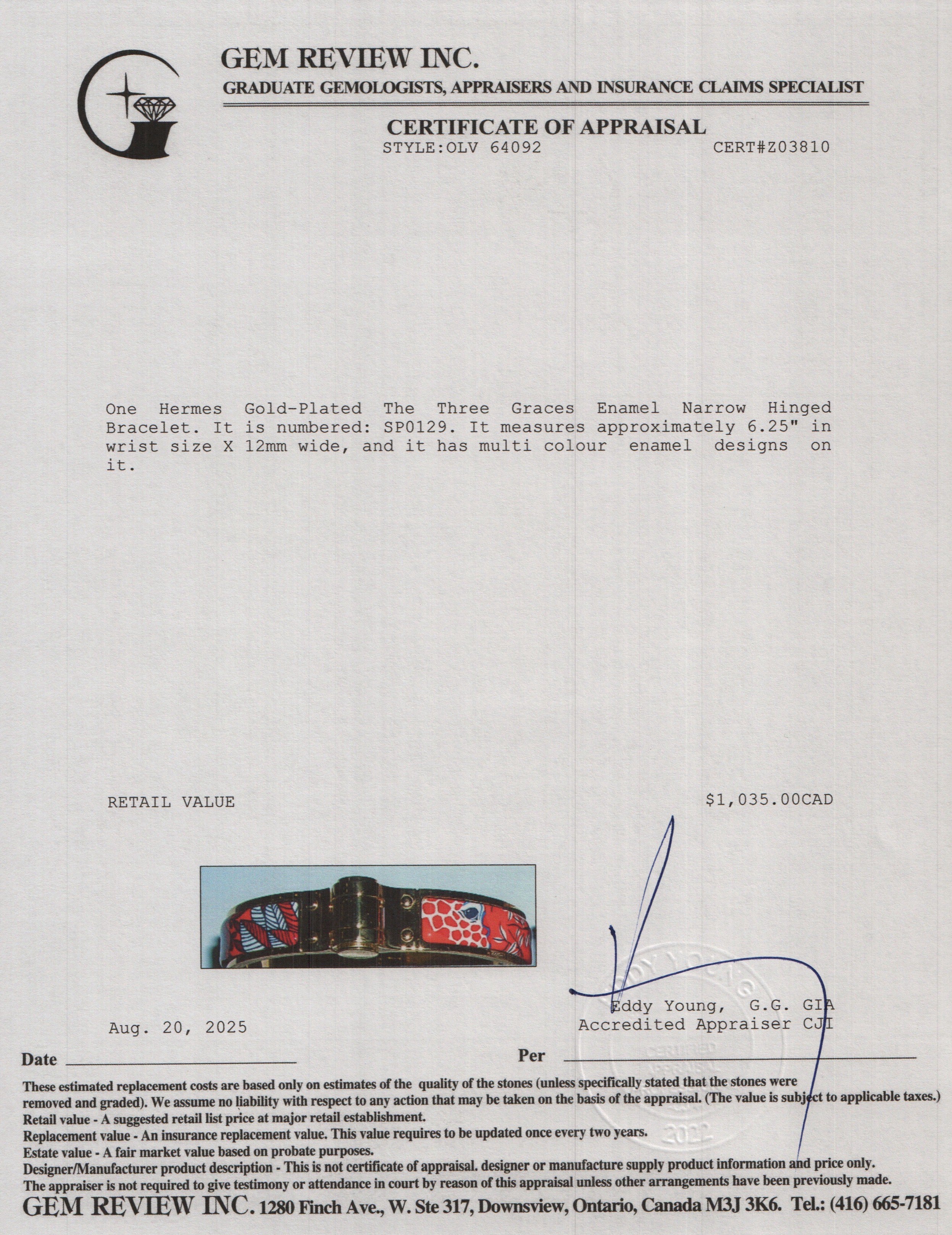 Hermes Gold-Plated The Three Graces Enamel Narrow Hinged Bracelet w/ Box