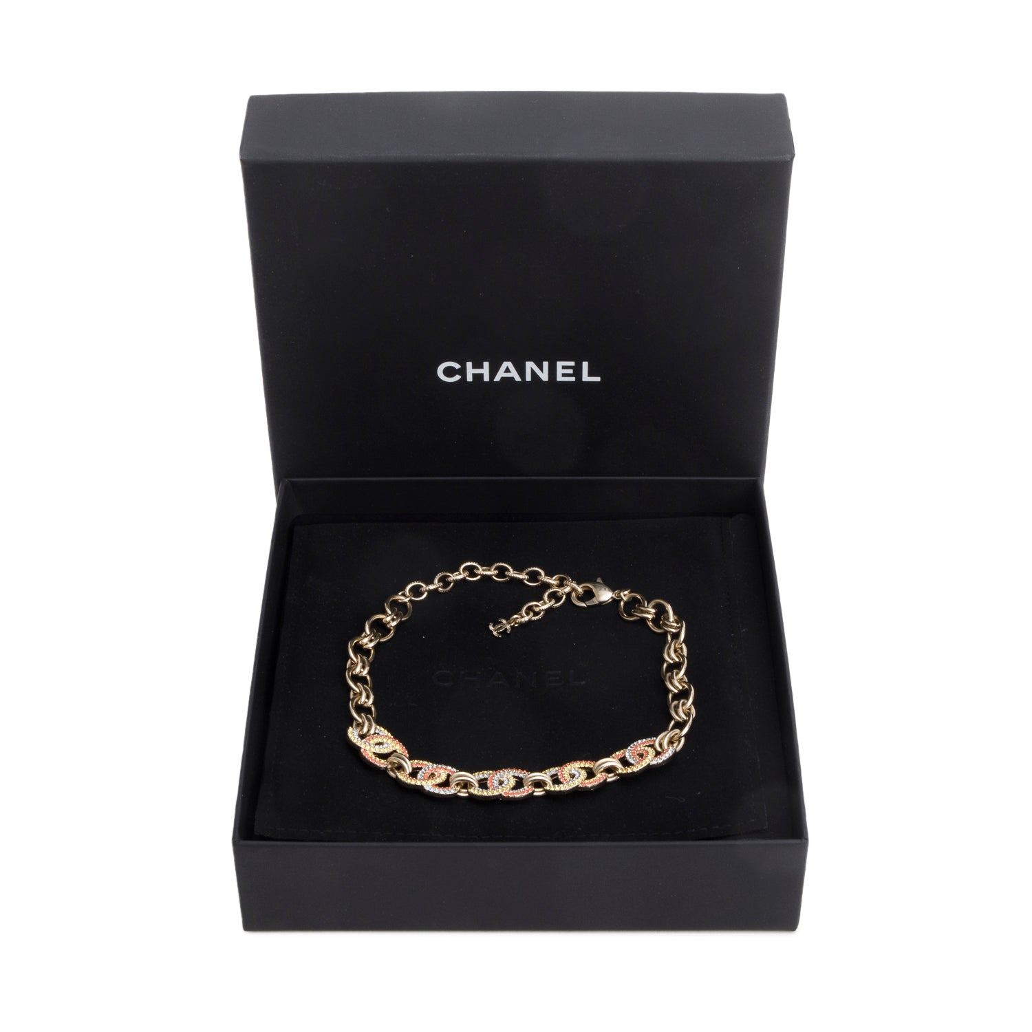 Chanel 2023 Gold-Plated Multicolor Strass CC Station Choker Necklace w/ Box