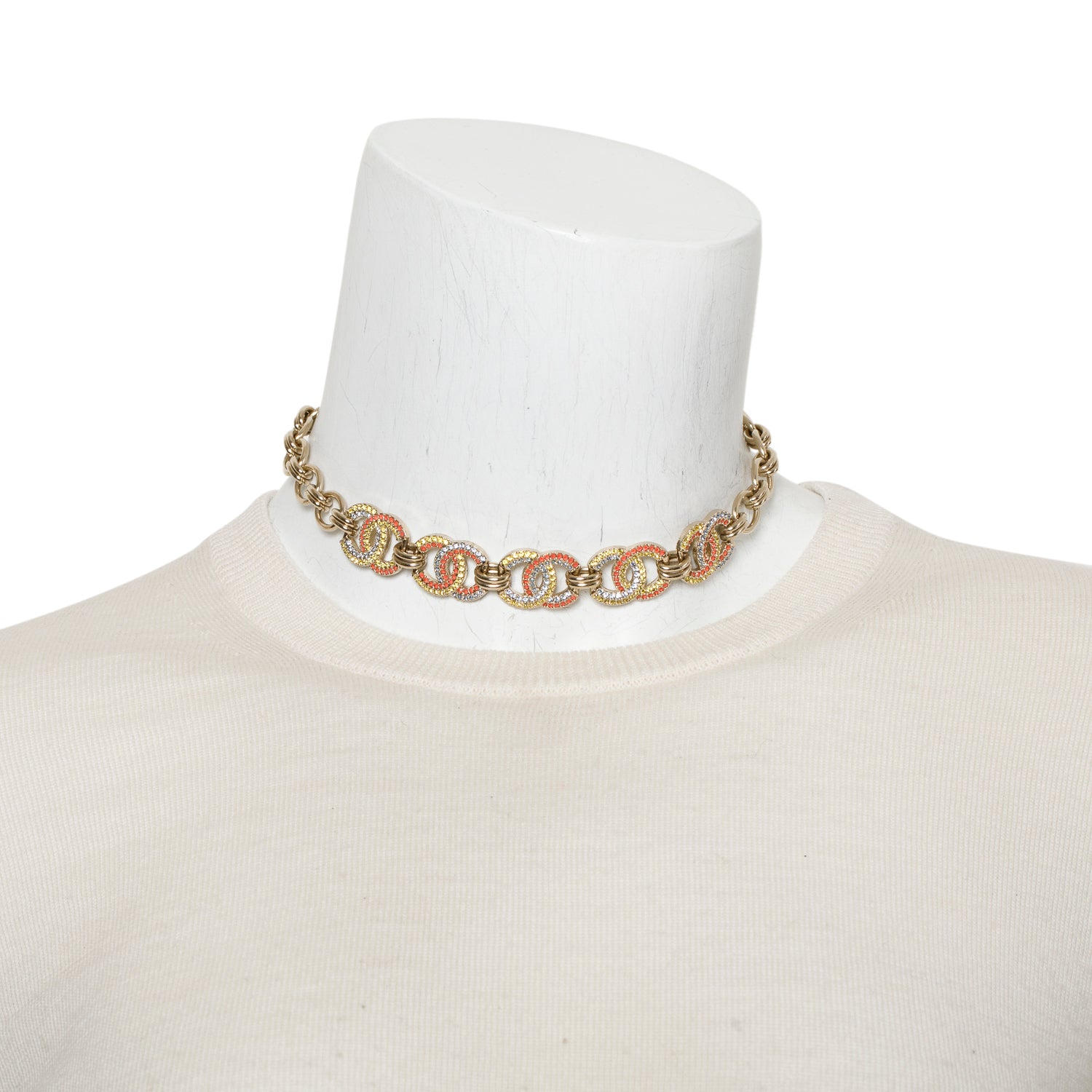 Chanel 2023 Gold-Plated Multicolor Strass CC Station Choker Necklace w/ Box
