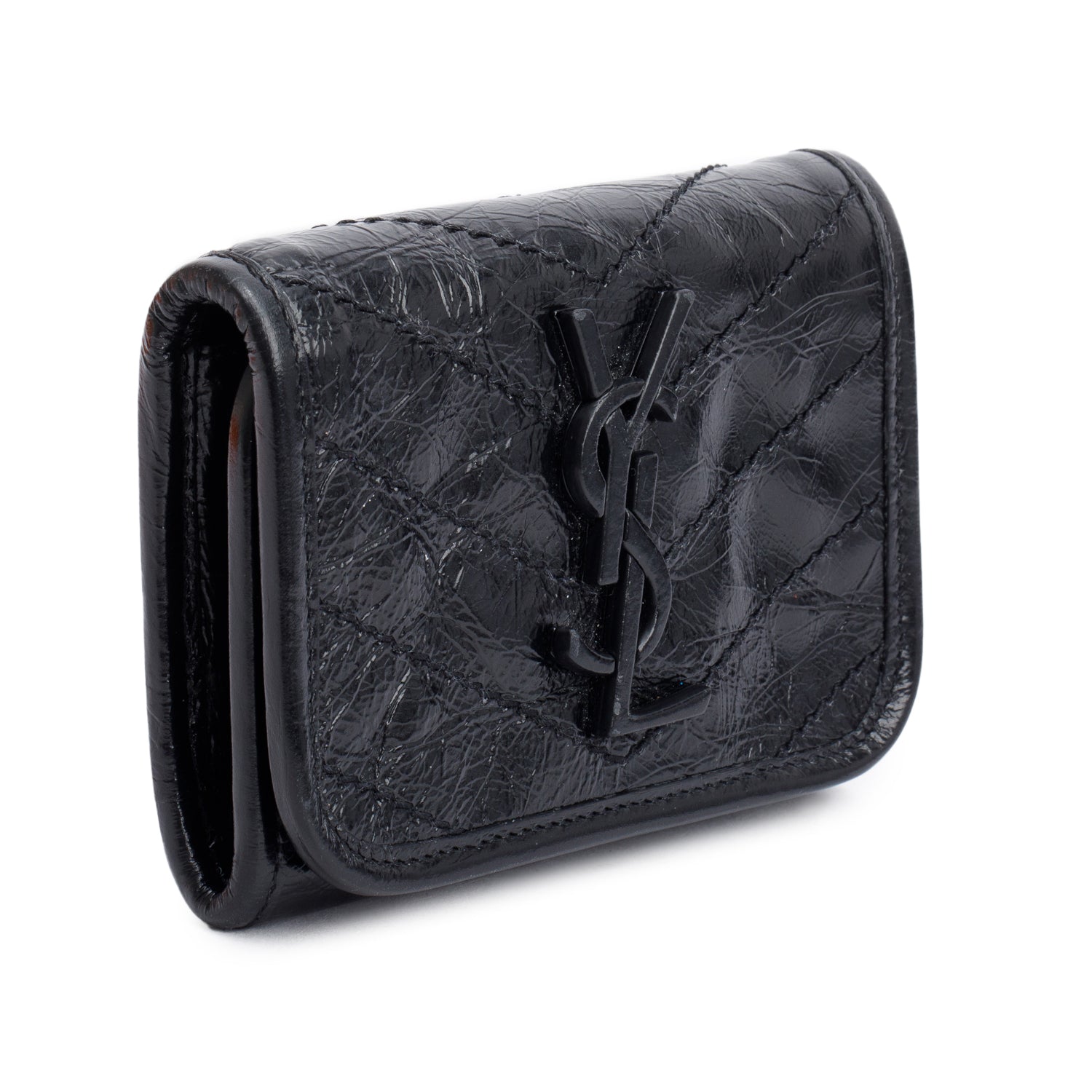 Saint Laurent Black Crinkled Calfskin Niki YSL Monogram Compact Wallet