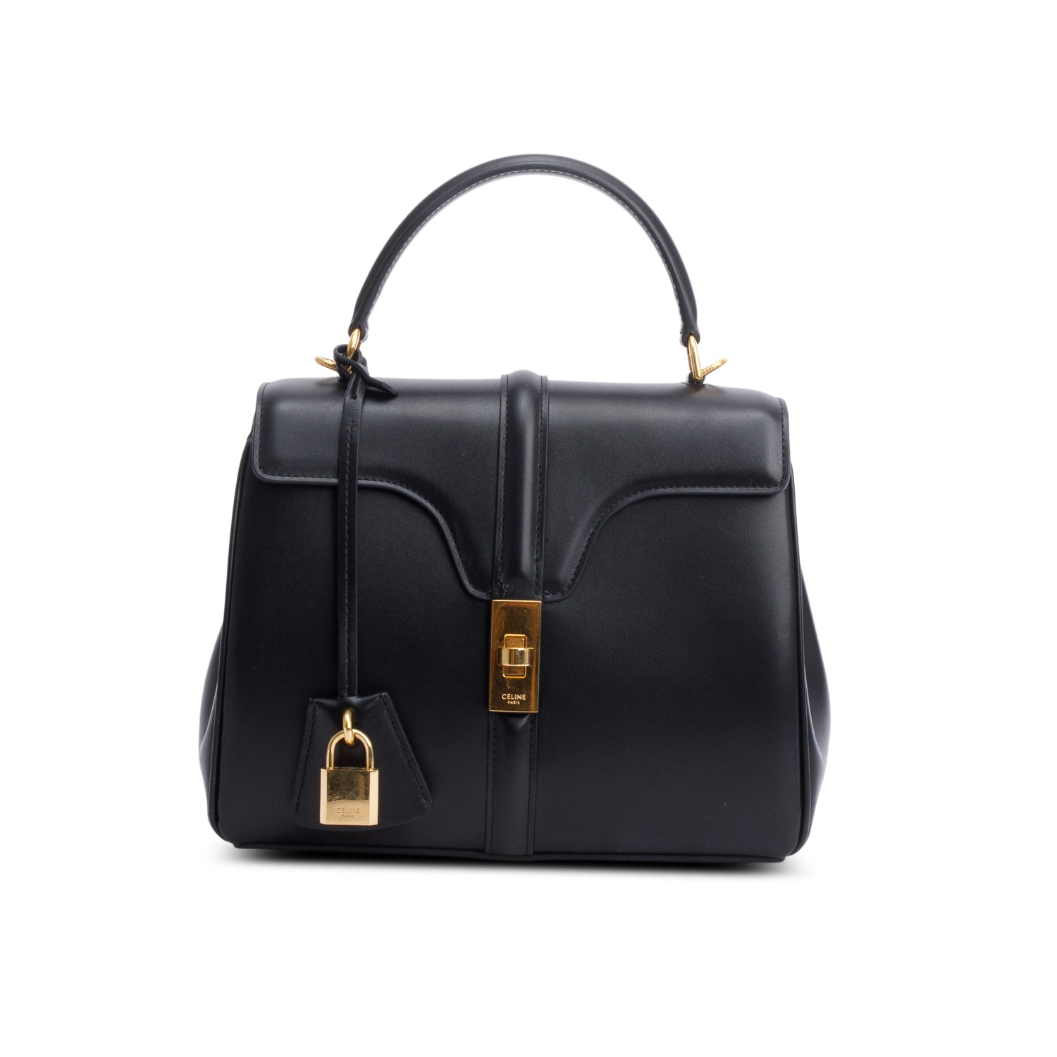 Celine 2023 Black Satinated Calfskin Small 16 Top Handle Bag w/ Strap