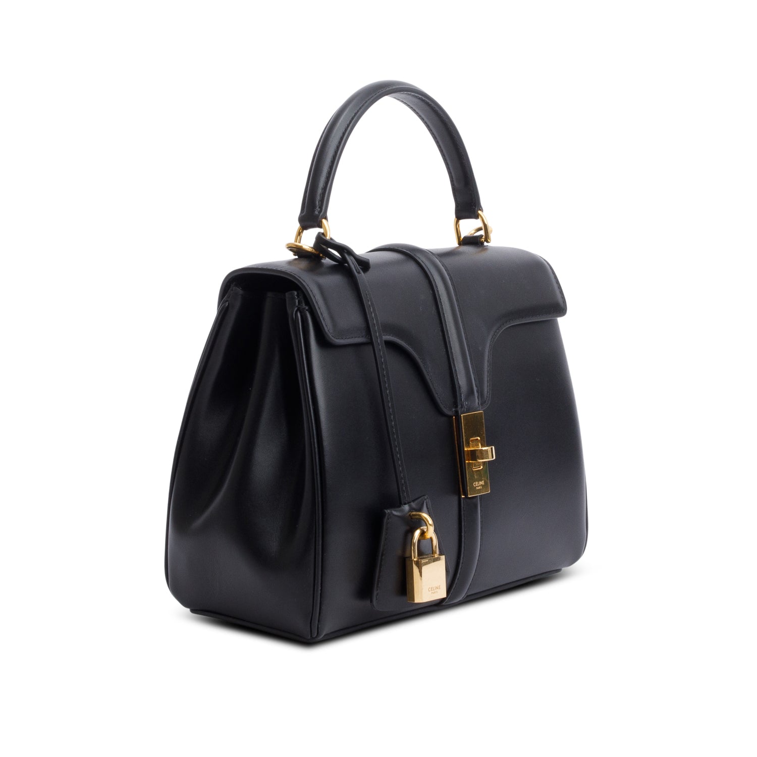 Celine 2023 Black Satinated Calfskin Small 16 Top Handle Bag w/ Strap