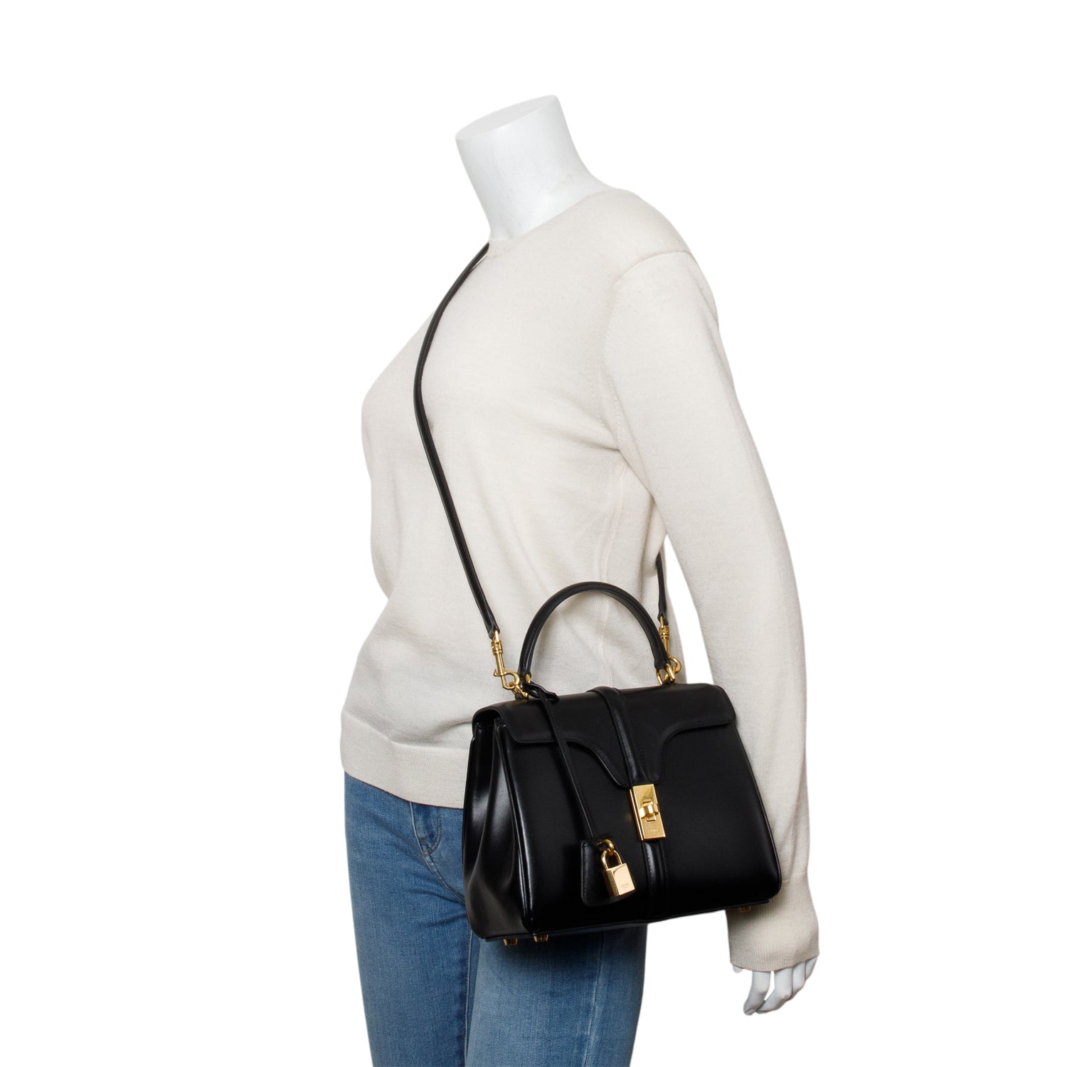 Celine 2023 Black Satinated Calfskin Small 16 Top Handle Bag w/ Strap