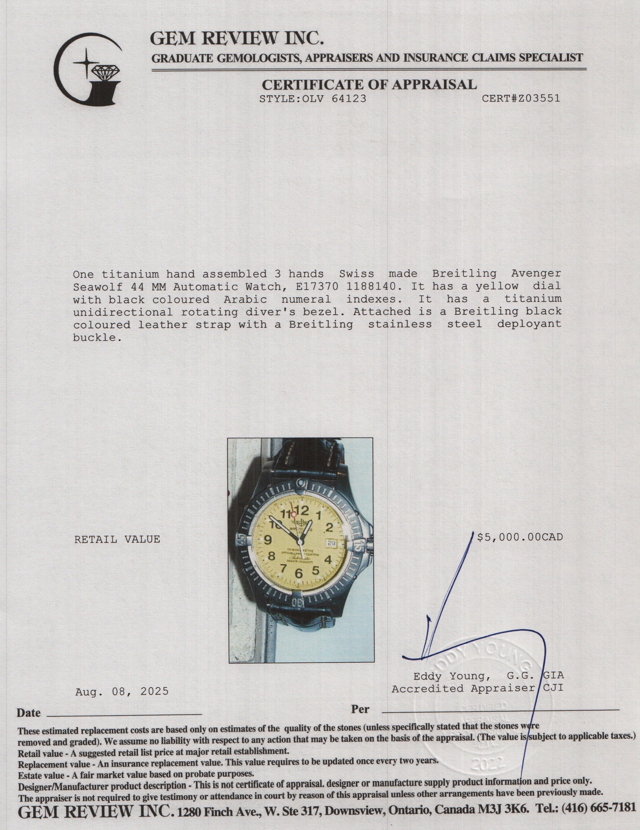 Breitling Titanium Avenger Seawolf 44 MM Automatic Watch Yellow Dial E17370 w/ Case & Extra Strap
