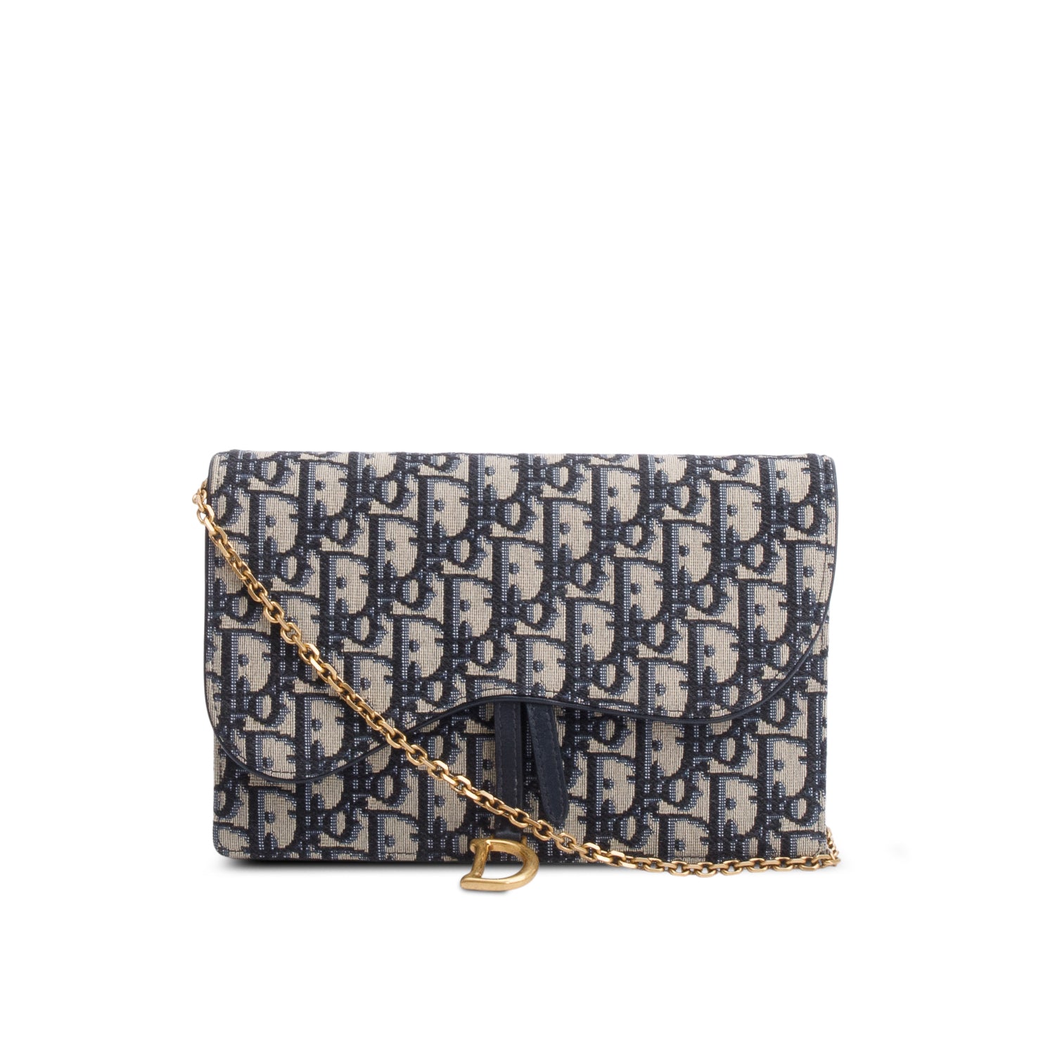 Christian Dior 2021 Blue Oblique Medium Saddle Pouch with Chain