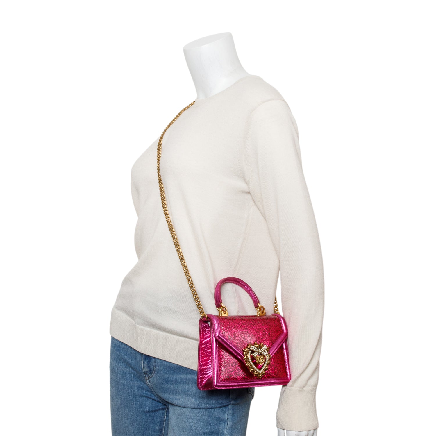 Dolce & Gabbana Pink Glitter Lizzard Small Devotion Top Handle Bag w/ Box, Chain & Authenticity Card