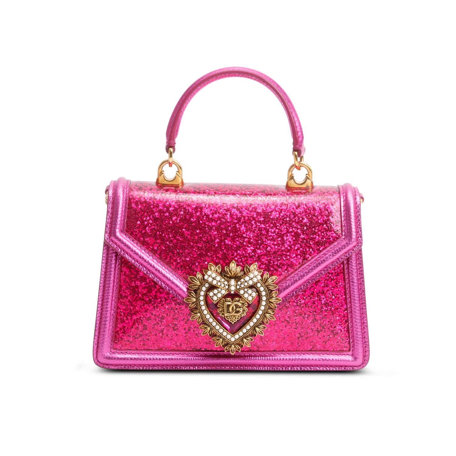 Dolce & Gabbana Pink Glitter Lizzard Small Devotion Top Handle Bag w/ Box, Chain & Authenticity Card
